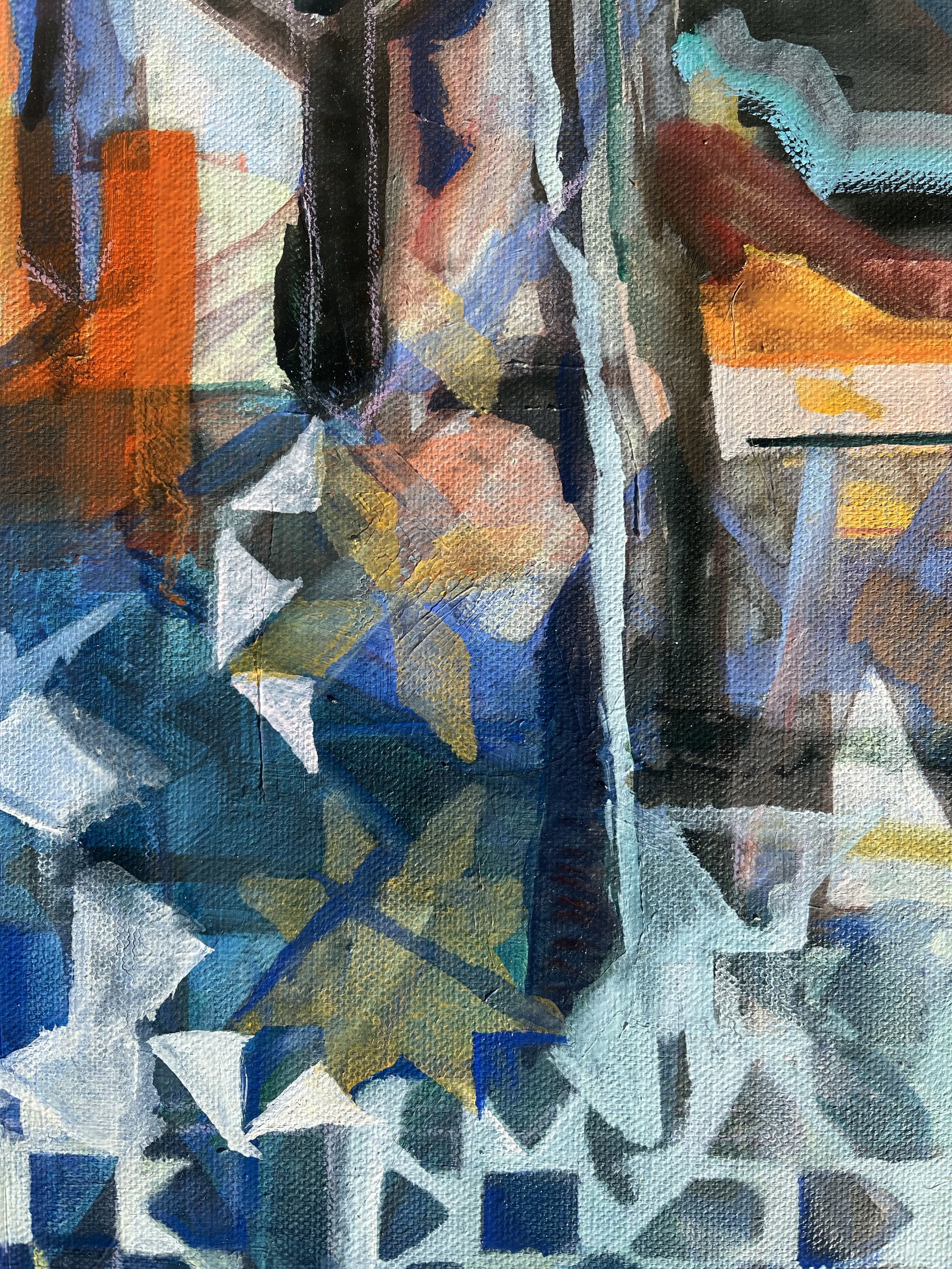 Abstract painting with geometric shapes in shades of blue, yellow, white, black, gray, and orange.