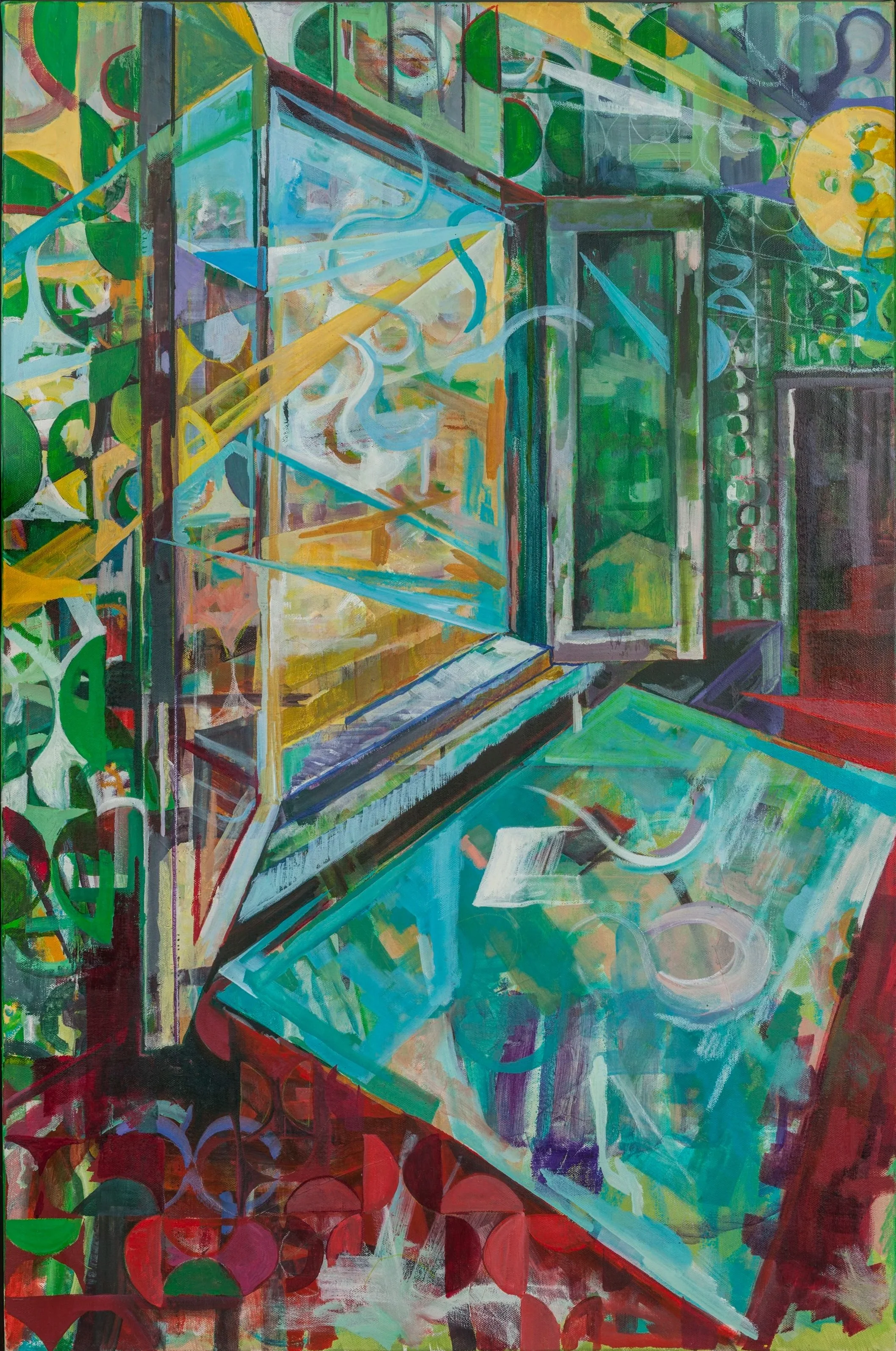 Abstract painting featuring a glass display case and an open cabinet with various vibrant colors like green, yellow, blue, and red, with geometric shapes and swirling patterns.