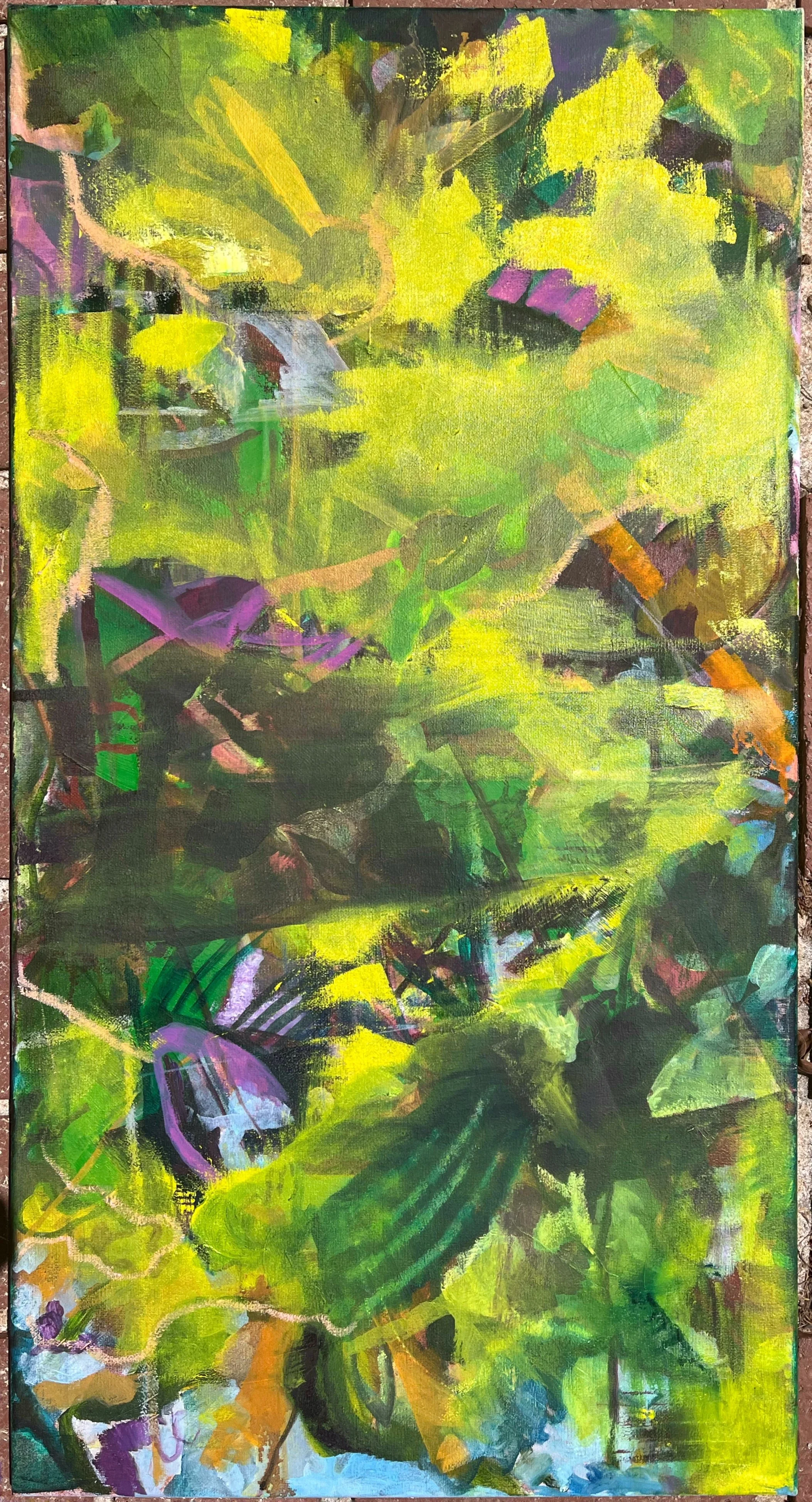 Abstract painting featuring vibrant greens, yellows, purples, and dark tones with layered brushstrokes and textured patterns.