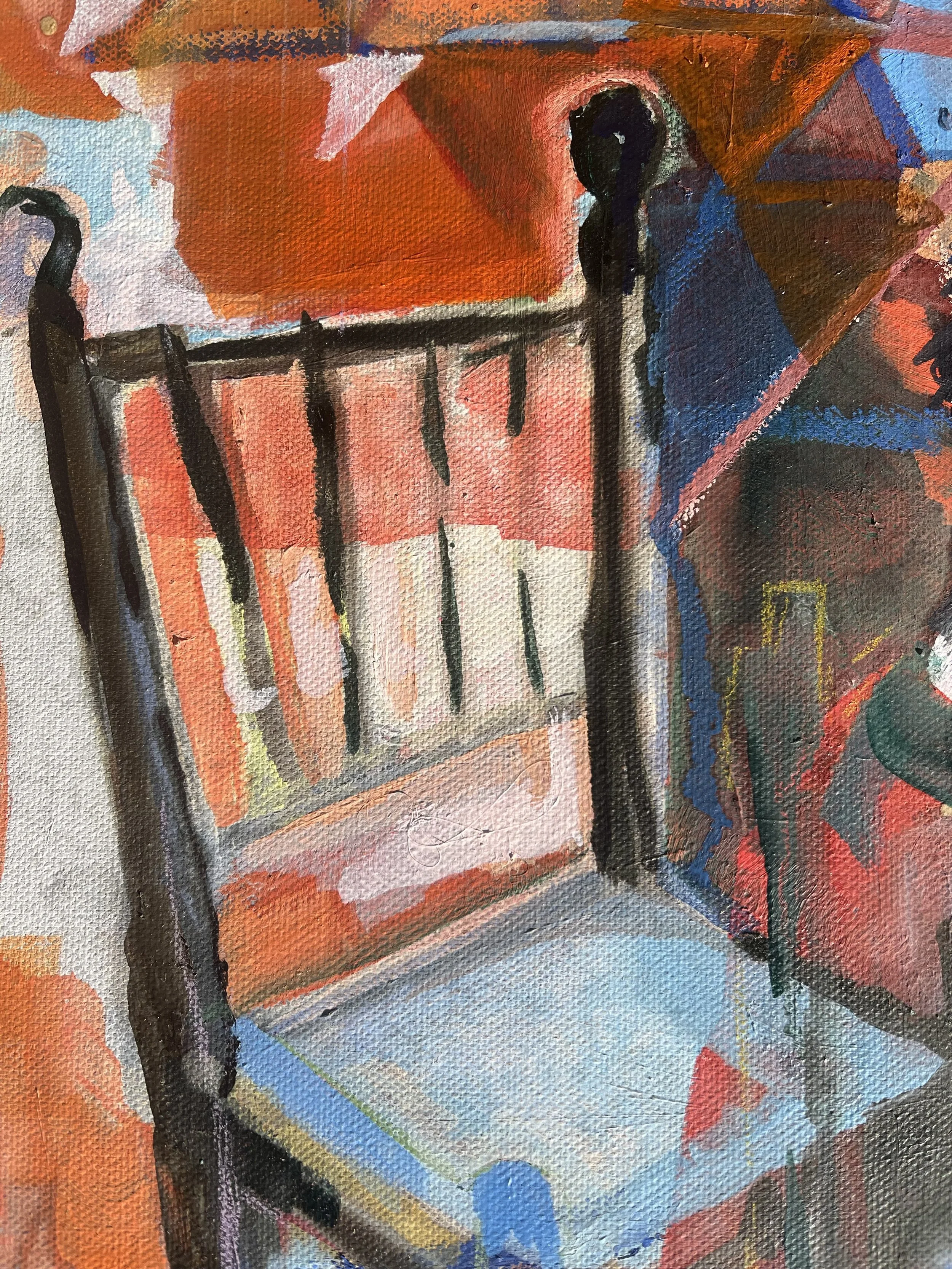 An abstract painting of a chair with a black frame, brown and red backrest, and a light blue seat, set against a brightly colored background with orange, red, blue, and white hues.