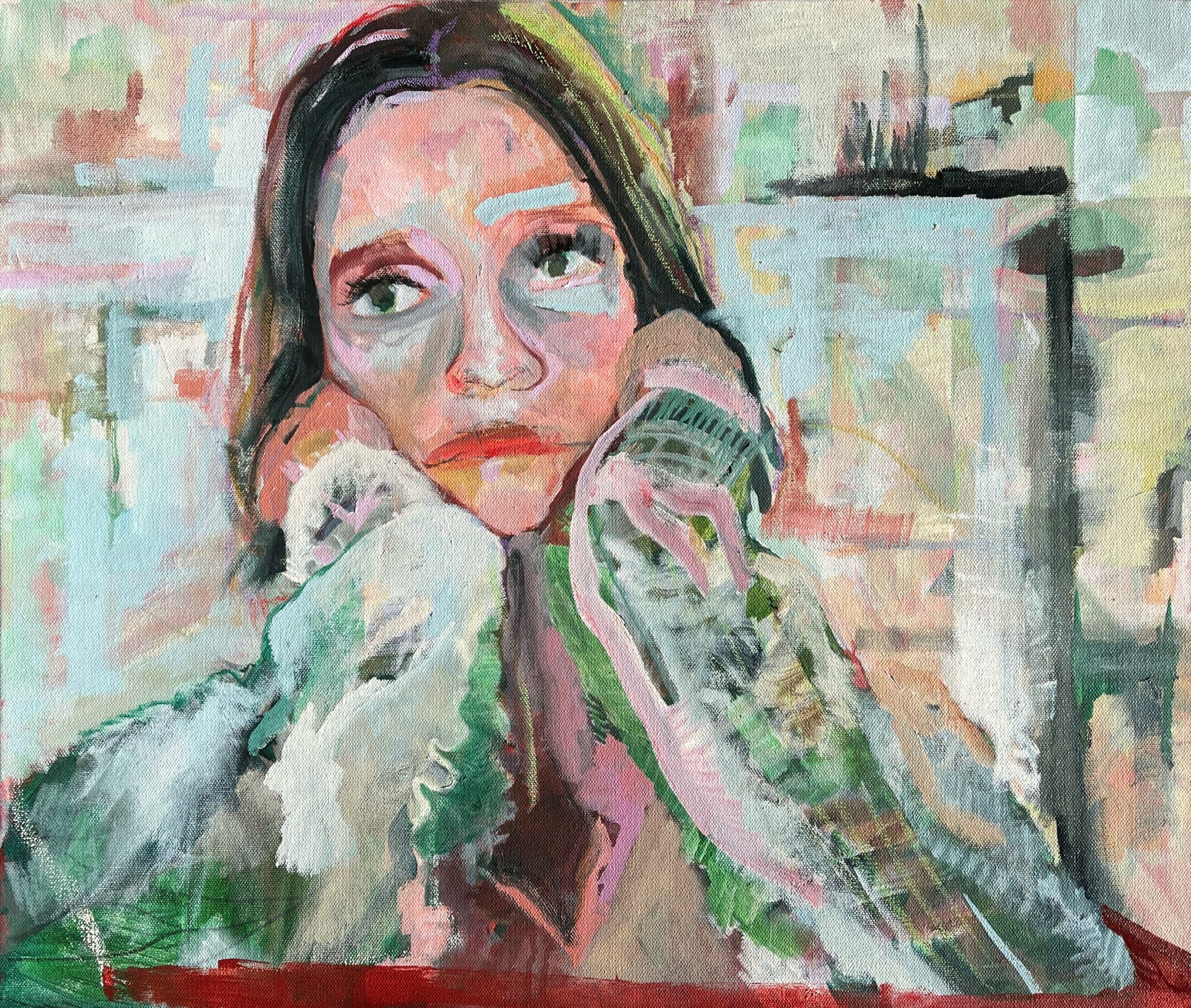 Painted portrait of a young woman with dark hair, resting her chin on her hand, appearing contemplative, with a colorful abstract background.