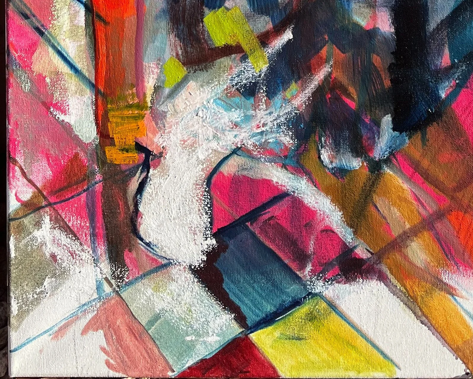 Abstract colorful painting with bold brushstrokes, featuring a mix of pink, blue, yellow, brown, white, and black colors.