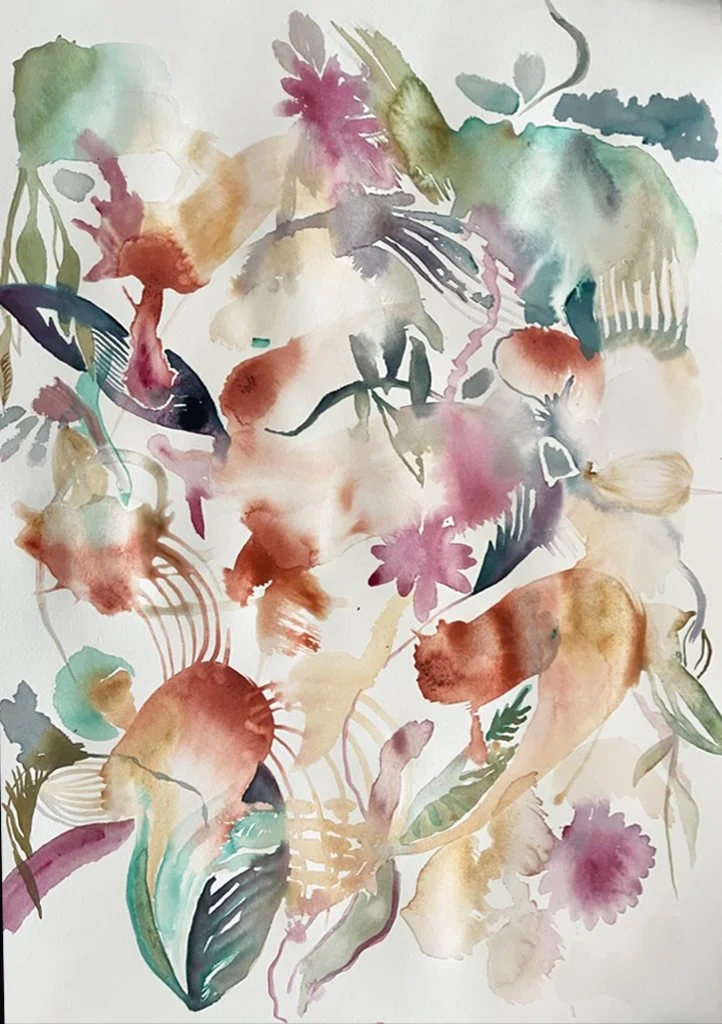 Abstract watercolor painting with floral shapes and soft color palette including pinks, greens, oranges, and blues.