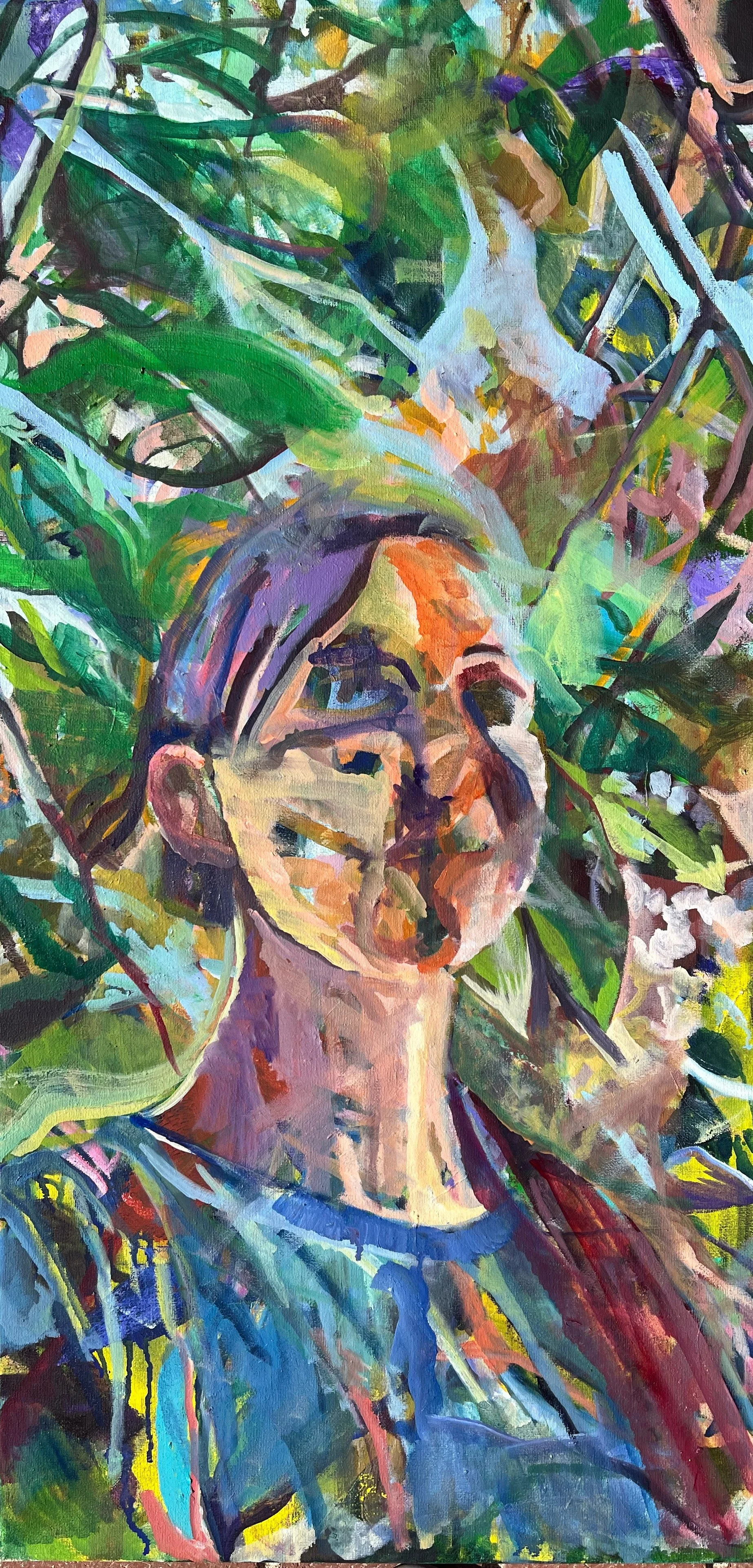 Colorful painting of a person with short hair, looking upwards, surrounded by green foliage.