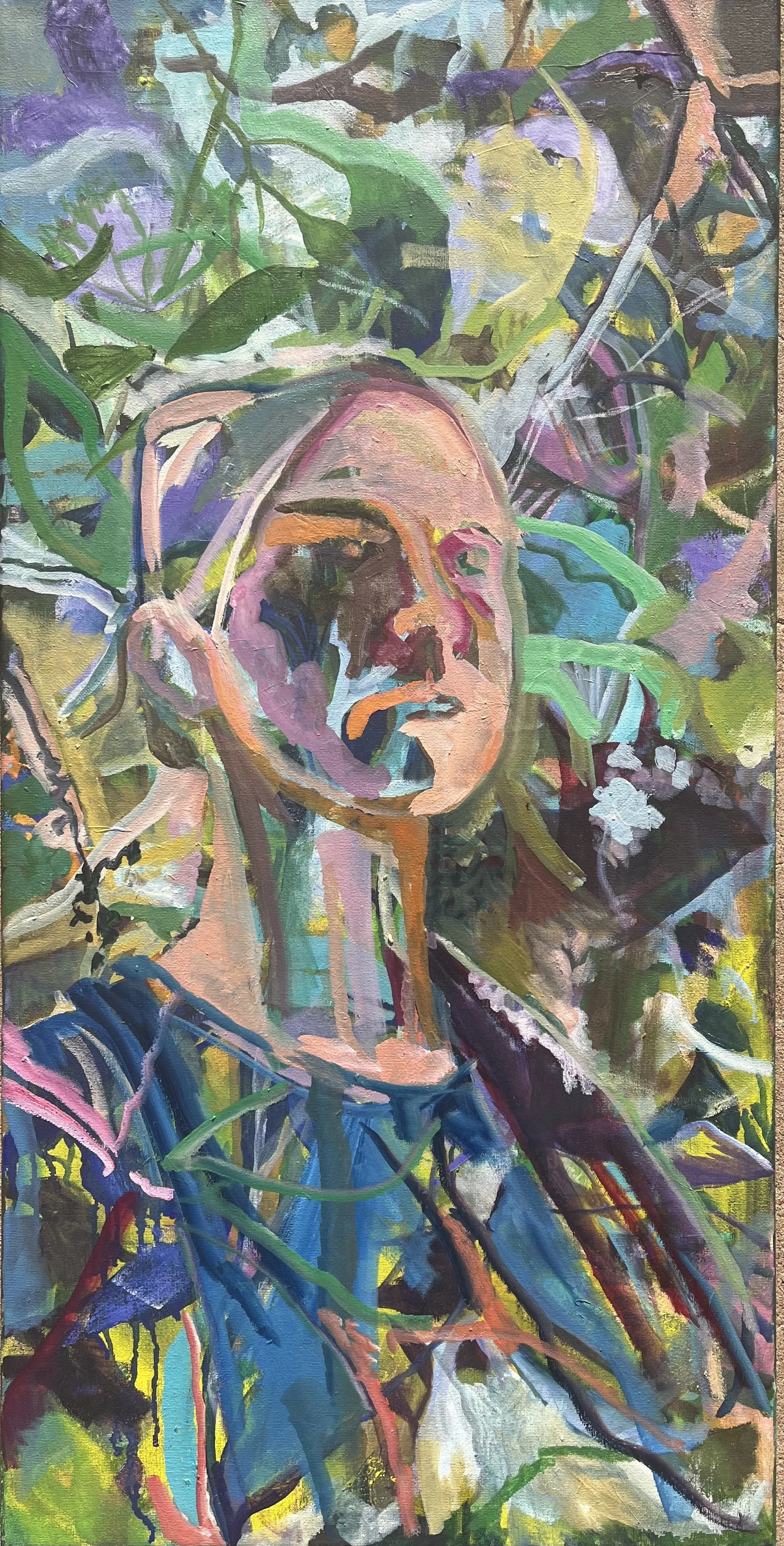 An abstract painting of a woman surrounded by colorful leaves and plant elements, with expressive brushstrokes and vibrant colors.