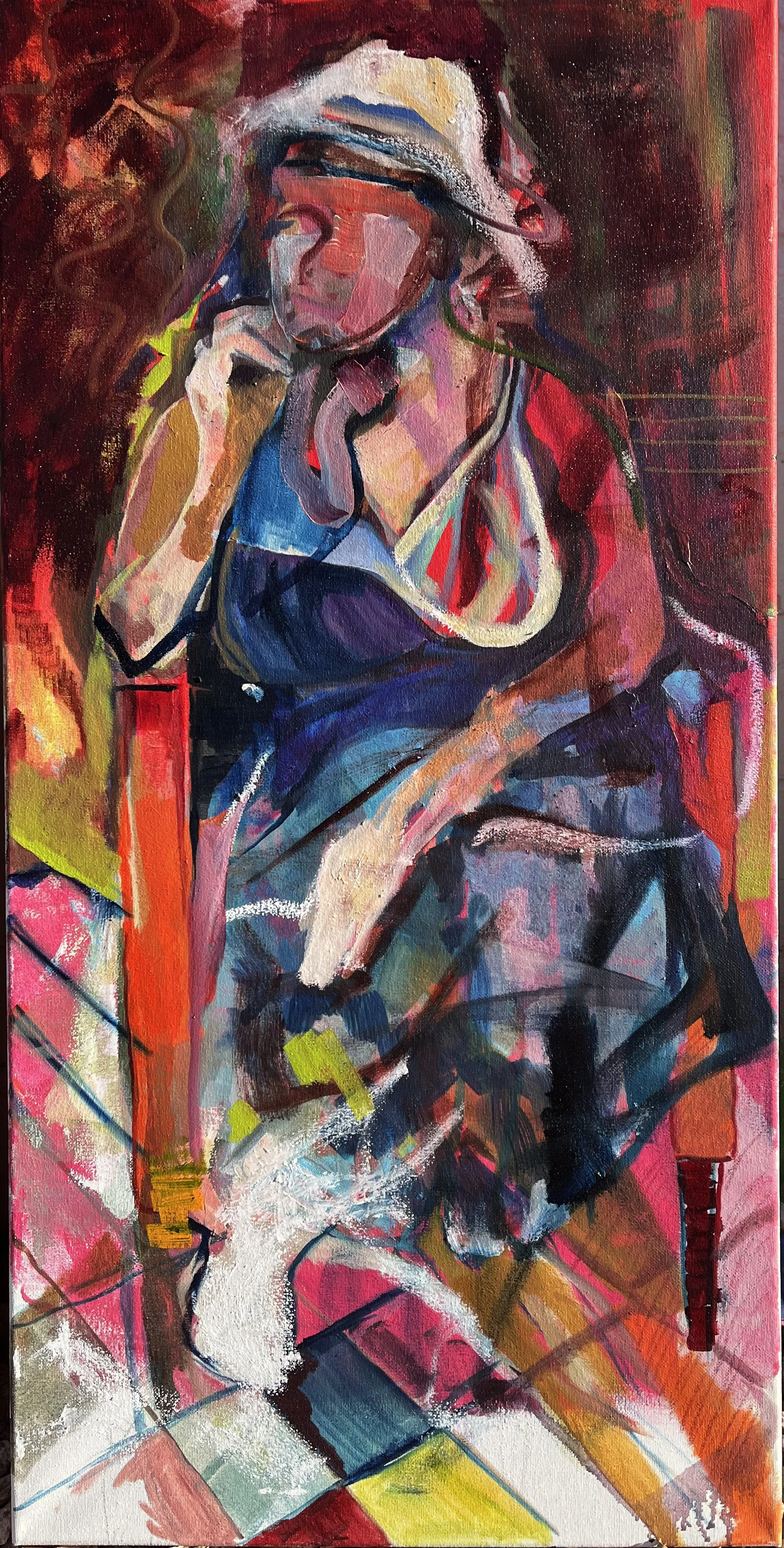 Abstract painting of a woman sitting on a chair with her hand resting on her face, featuring bold and vibrant colors, expressive brushstrokes, and geometric shapes.