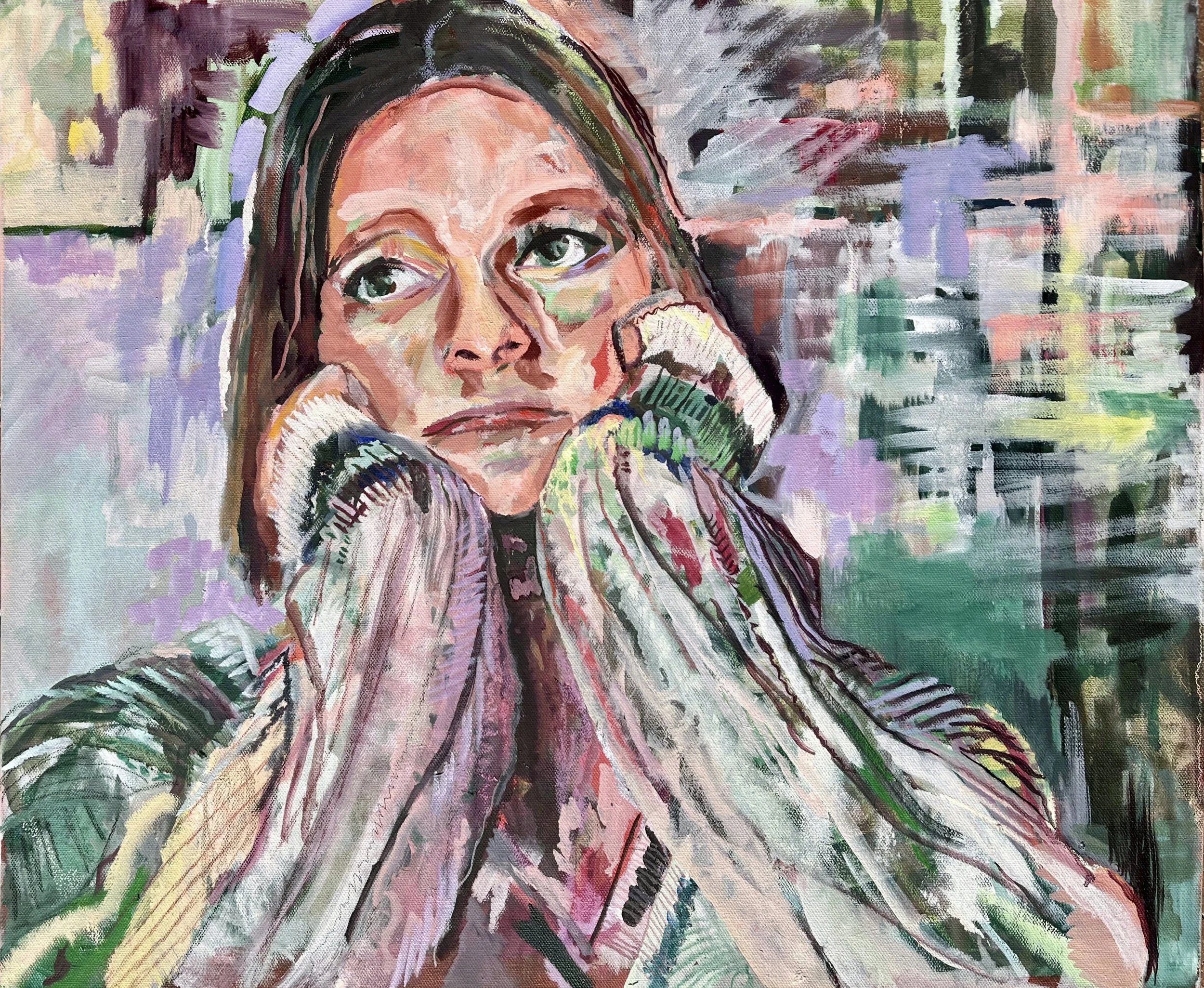 A colorful, abstract painting of a woman with long brown hair, resting her face in her hands, with a thoughtful expression and green eyes, set against an abstract background of various painted brush strokes.