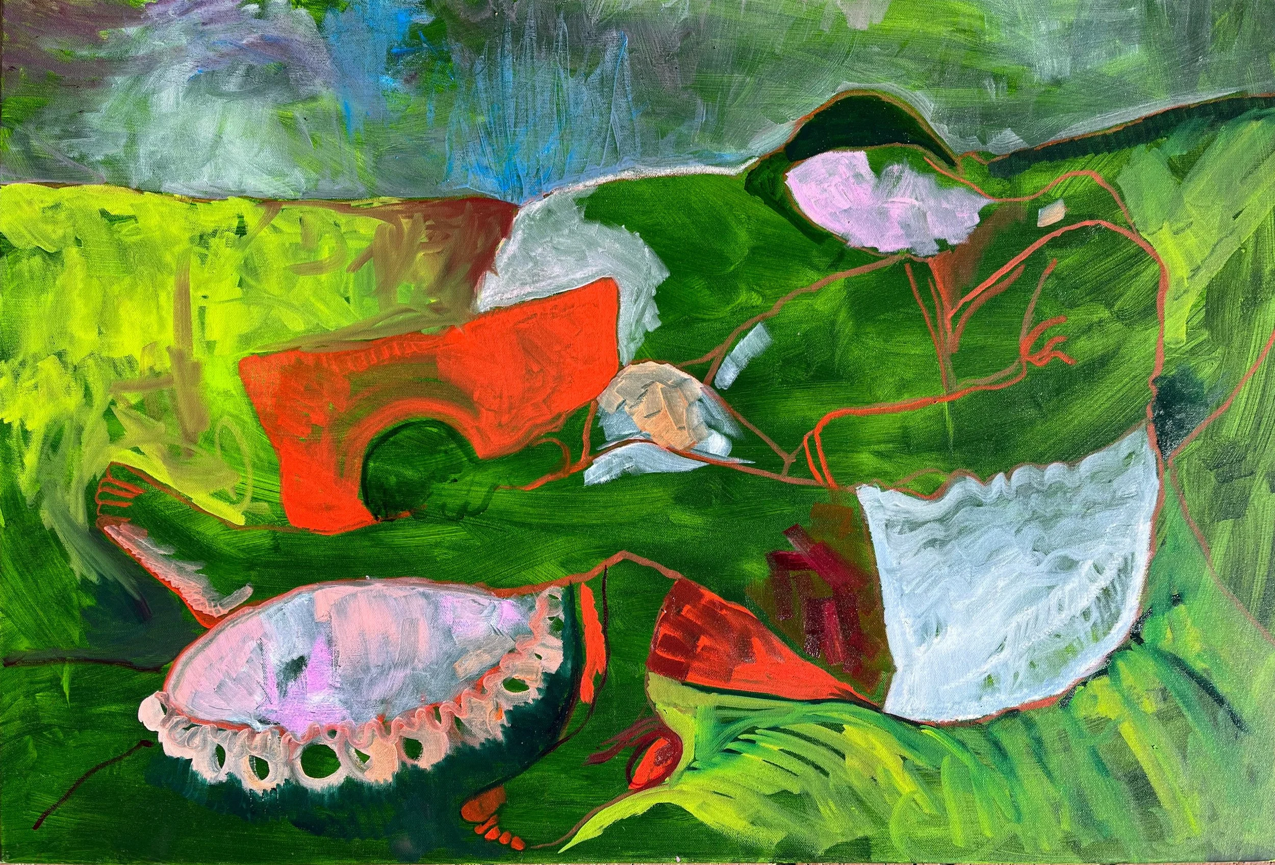 Abstract painting with a green background depicting a figure playing a guitar, with large pink and purple mushrooms surrounding the figure.