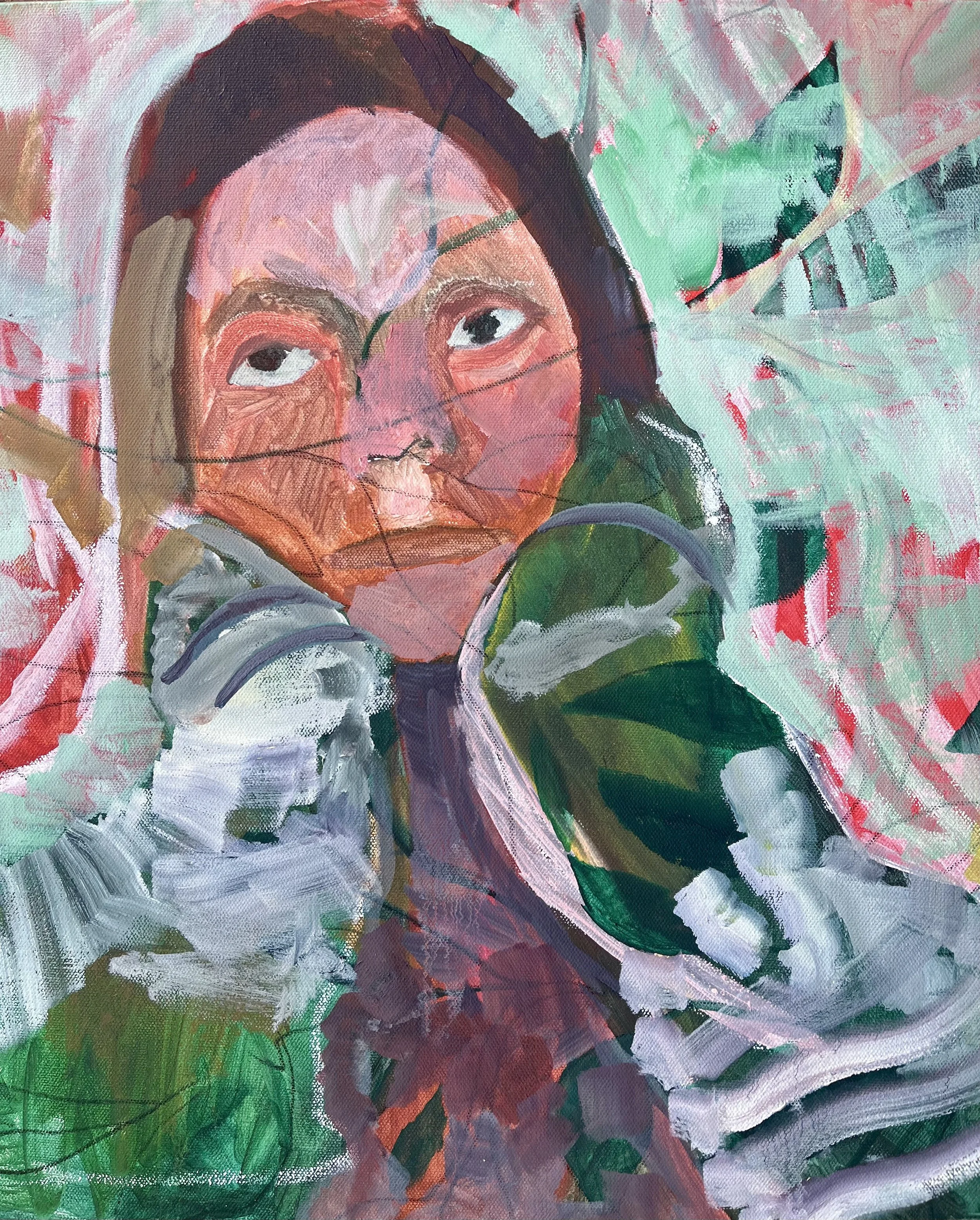 An abstract painting of a woman with glasses, holding a microphone, surrounded by leafy patterns and vibrant pastel colors.