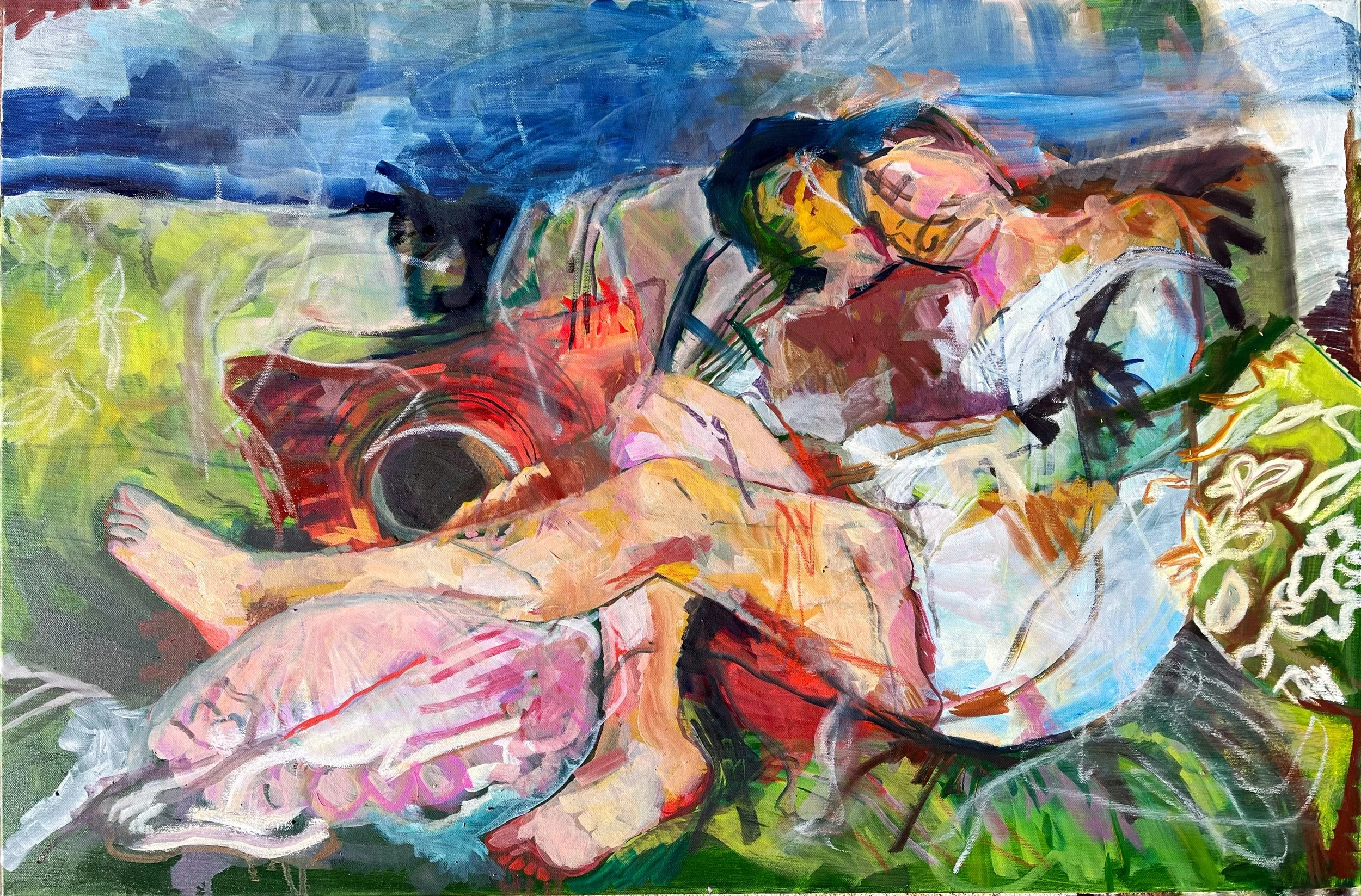 An abstract painting of two women lying on the ground, surrounded by colorful foliage, with a camera in front of them, under a blue sky.