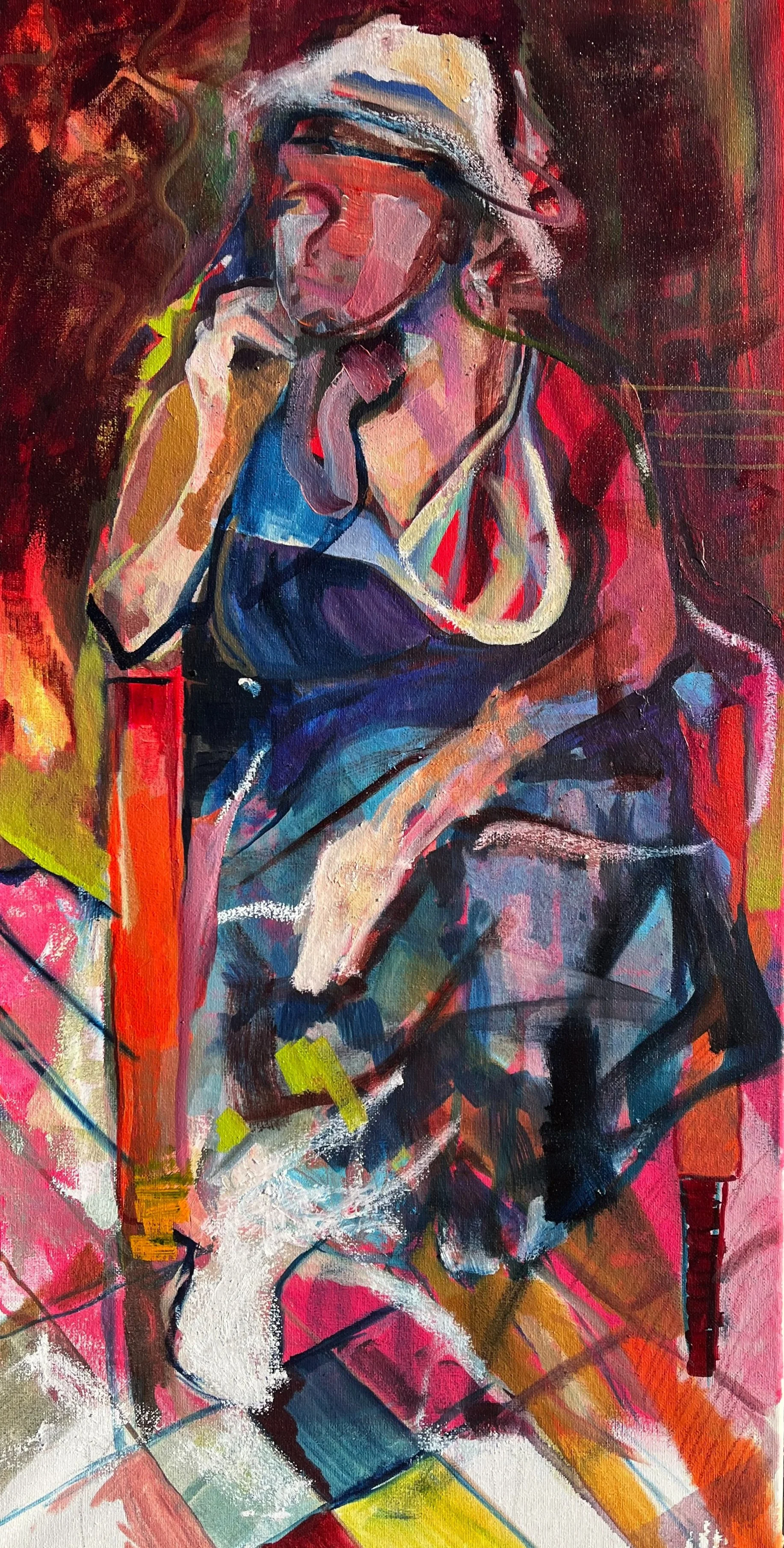 Abstract painting of a seated woman with a hat, using vibrant colors and broad brushstrokes.