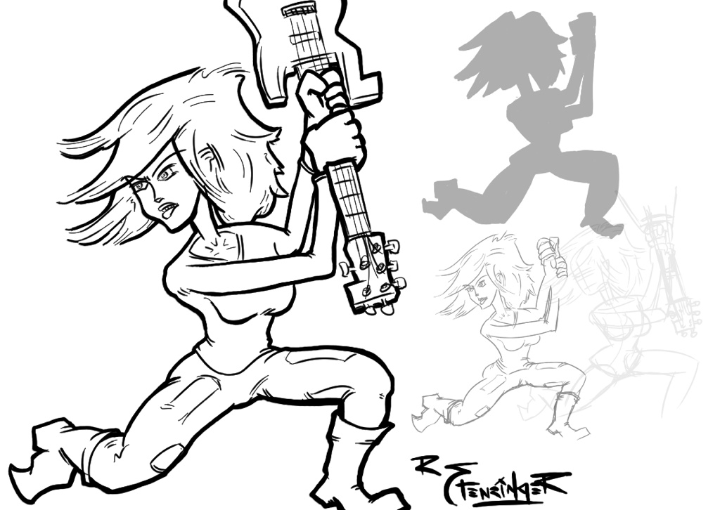 This design is based on what I learned in Krishna Sadasivam 's Creating Crazy Characters class at Lean Into Art. More practice to come, this time I tried to do all the steps in Sketchbook Pro which led to some improvisation on the silhouette step. The characters silhouette step is a way to establish a character pose and outline that "reads clearly" showing key aspects of the character's inner and outer life in addition to their physicality. Krishna uses the lasso tool on this step in Photoshop to great effect. The Sketchbook Pro lasso doesn't have the same feel or instant fill flexibility so in this attempt I blocked it all in by scribbling fills with the pen brush (pressure sensitive set to a brush width of about 10 pixels) to complete the character silhouette.