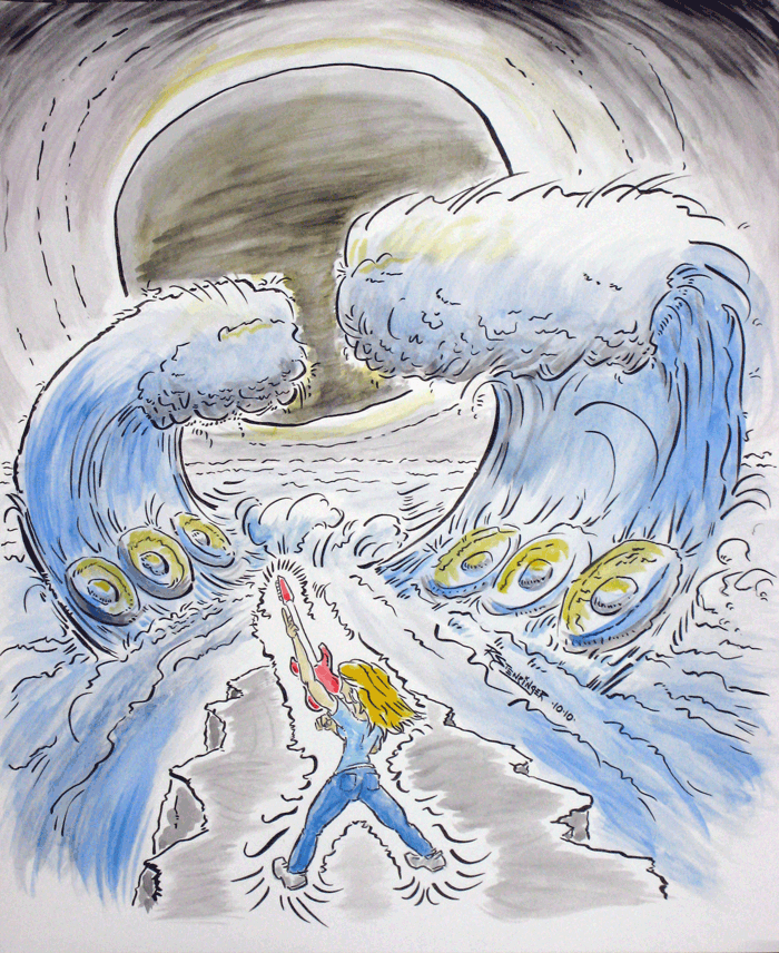 Here's an ink and watercolor sketch/drawing I made in support of an Altered Esthetics event. They put out the call for "rock themed" art at the recent Cartoonist Conspiracy meeting (which also happens to be the first one I've attended) for an event at the gallery that'll have a Rock Band (the video game) tournament. Quite a combination of things - first time I went to a recurring meeting of local comic artists, a very comics-supporting gallery, rock music theme is near and dear to me (exhibit A: Art Geek Zoo ), the game Rock Band is super fun (picked up RB1 opening day, can't wait for RB3 coming out the 26th of October). Hence my drawing "Guitar Waves".