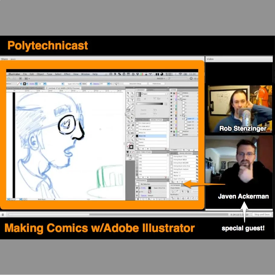 (#comics, #adobe illustrator, #art process, #making comics)
In this audio+video episode of the Polytechnicast I’m joined by special guest Javen Ackerman, creator of the comics The Winchcombe and Q Burger! In recent years, Javen has made Adobe Illustrator the main tool he uses to produce comics. We chat about his process and in the video you'll see him demonstrate his techniques and get a glimpse of how he takes full advantage of Adobe Illustrator to work quickly and efficiently.
Links Mentioned
The Winchcombe
Q Burger
Javen Ackerman on Twitter
Jerzy Drozd’s Adobe Illustrator Comic Sound FX + Lettering Workshop
Scott McCloud Lettering Tutorials
Blambot Comic Grammar and Tradition
Follow Rob on Twitter or his blog at Interactive-Storyteller.com