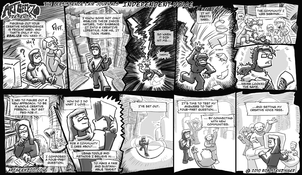 This episode is a journal-cast sharing thoughts about three topics I find useful to ponder as an artist: Creative Voice, Tribes, and Sustainable Trade.
Topics and links mentioned:
Seth Godin's Tribes
Software Architecture
Rob's comic on Independent Voice (also seen in this post)
