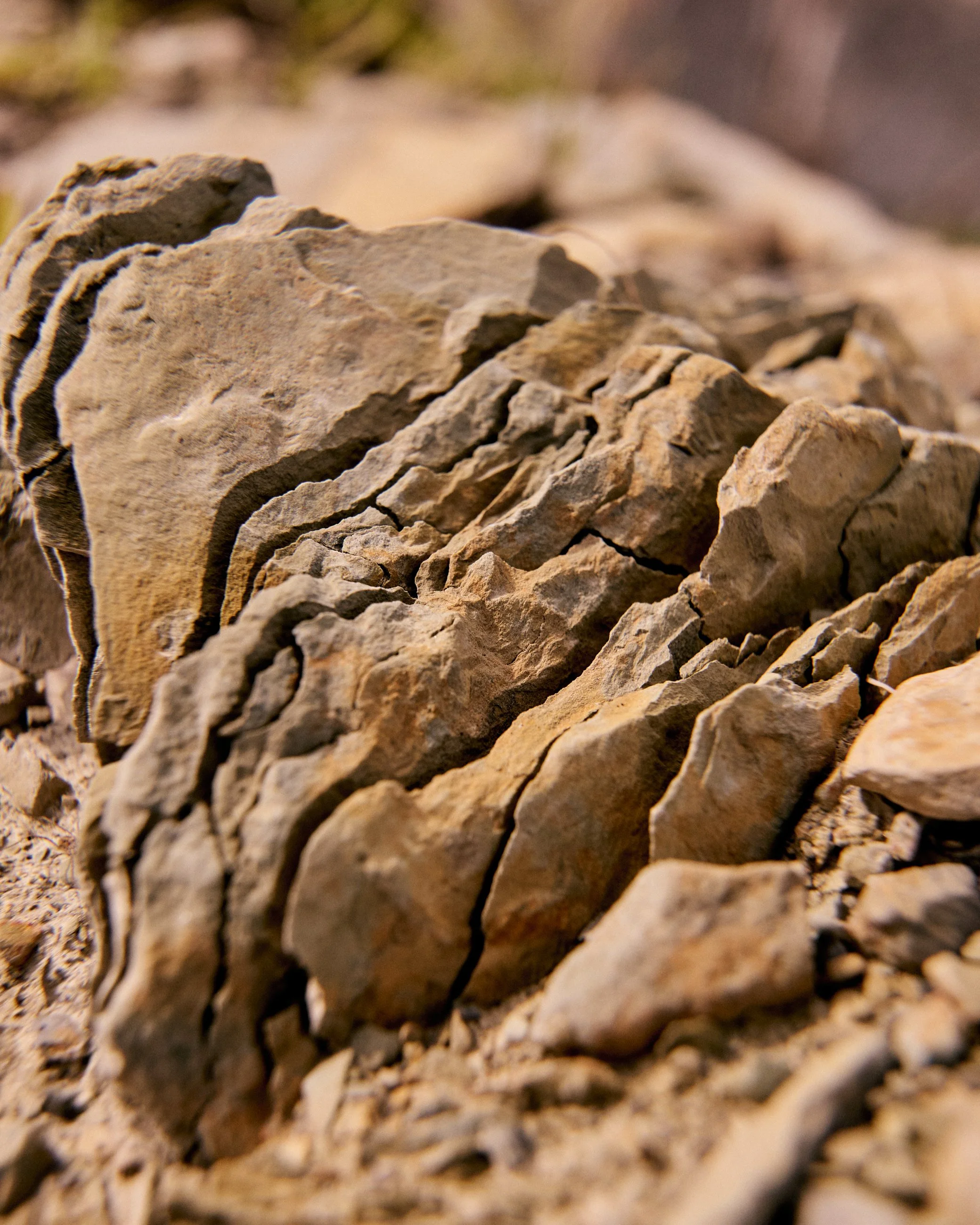 Close-up of a pile of rough, layered rocks on the ground.