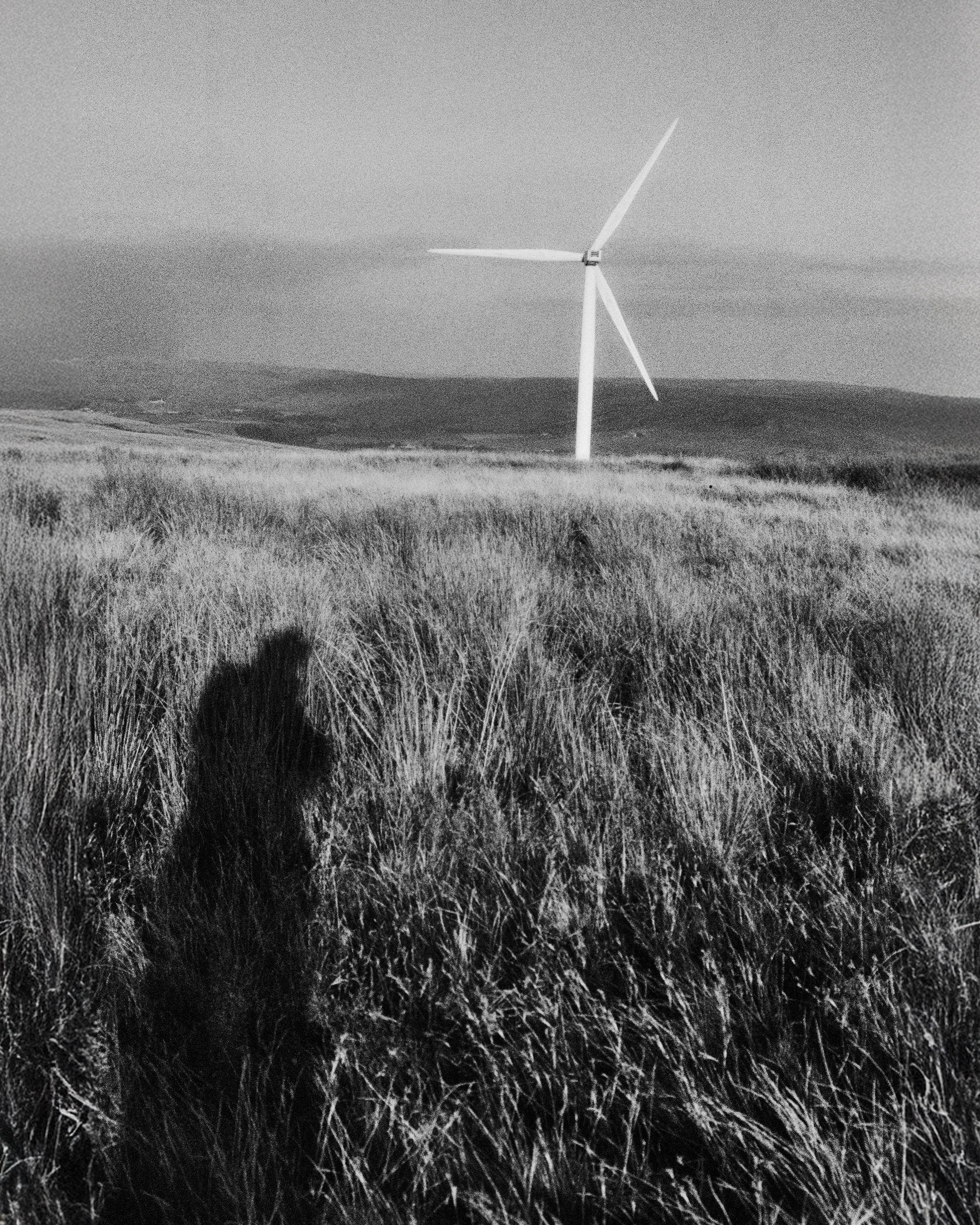 Black and white photo of a wind turbine in a grassy field with a person’s shadow in the foreground.