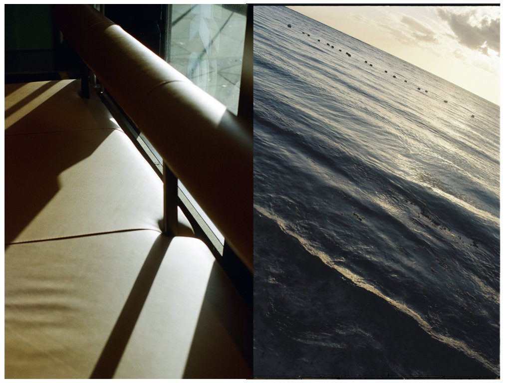 A side-by-side view of a leather cushioned bench with sunlight and shadows cast on it on the left, and a calm ocean with gentle waves and floating buoys during sunset on the right.