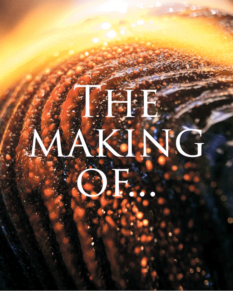 Close-up of a chocolate swirl with the text 'The Making of...' over it.