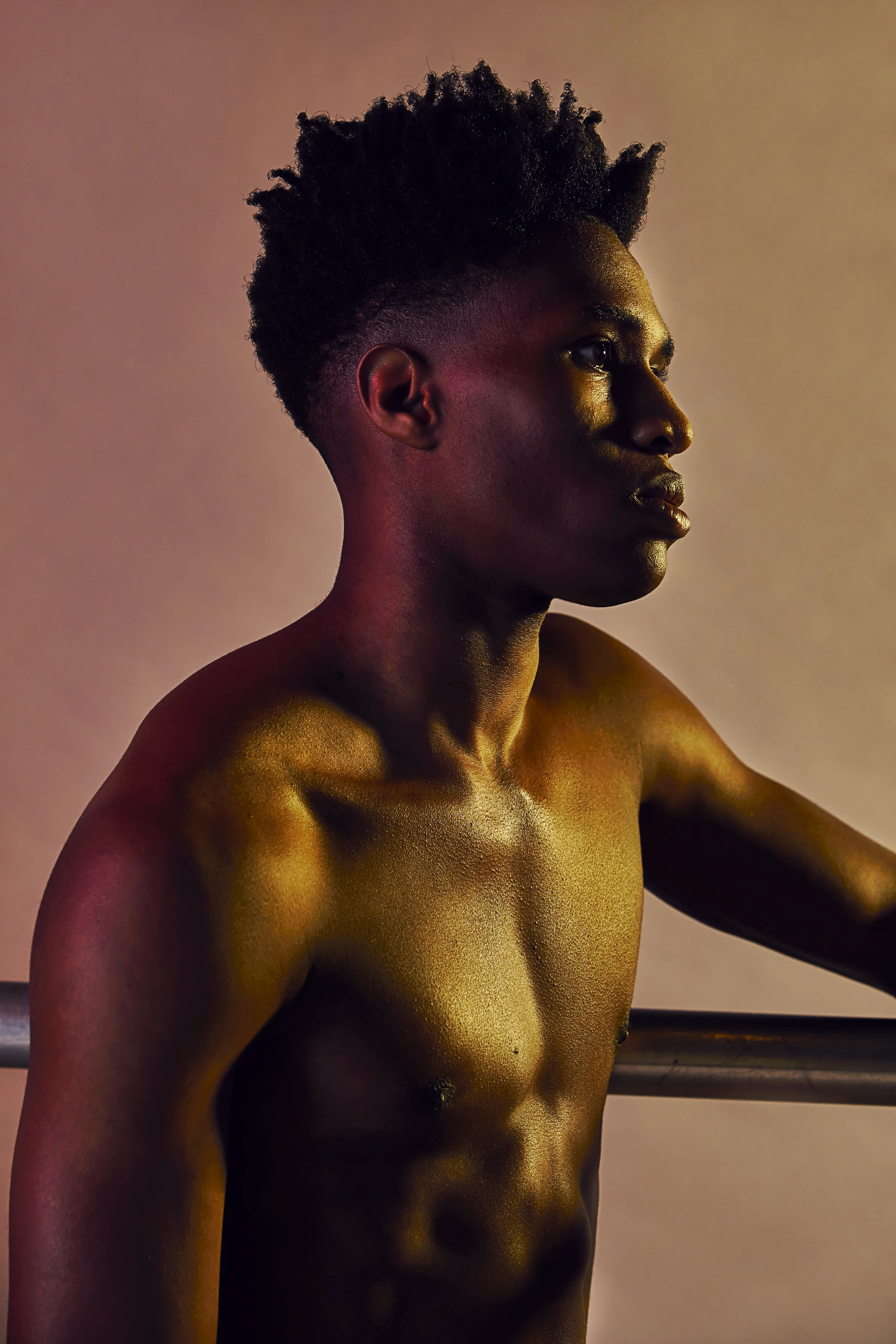 Portrait of a young Black man with short, natural hair, shirtless, standing against a plain, gradient background, looking to the right.