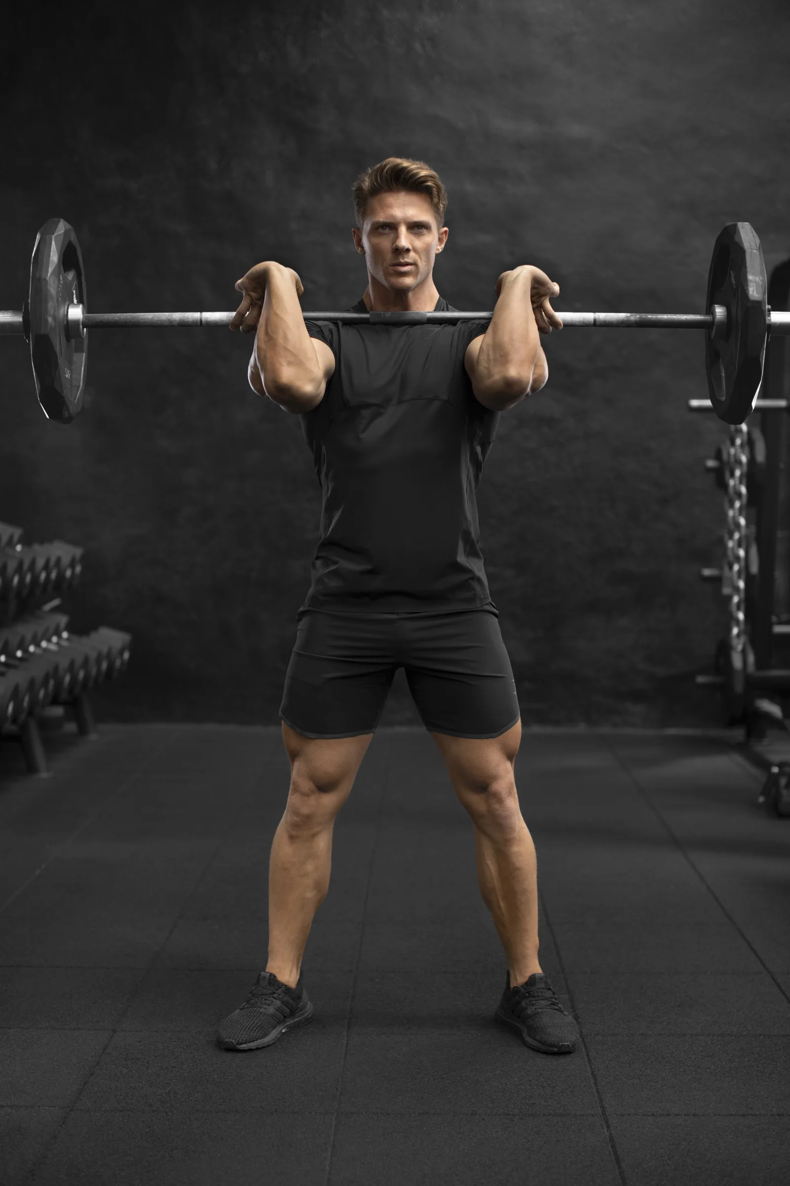 Man lifting a barbell in a gym.