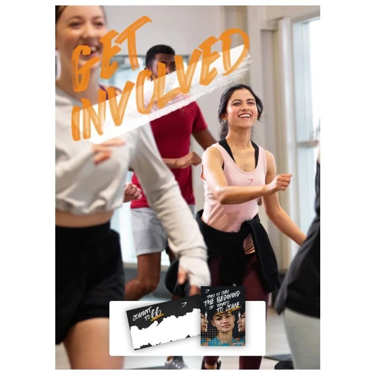 A group of people dancing and having fun in a brightly lit room with large windows, with the words 'Get Involved' and information about a county initiative overlayed on the image.