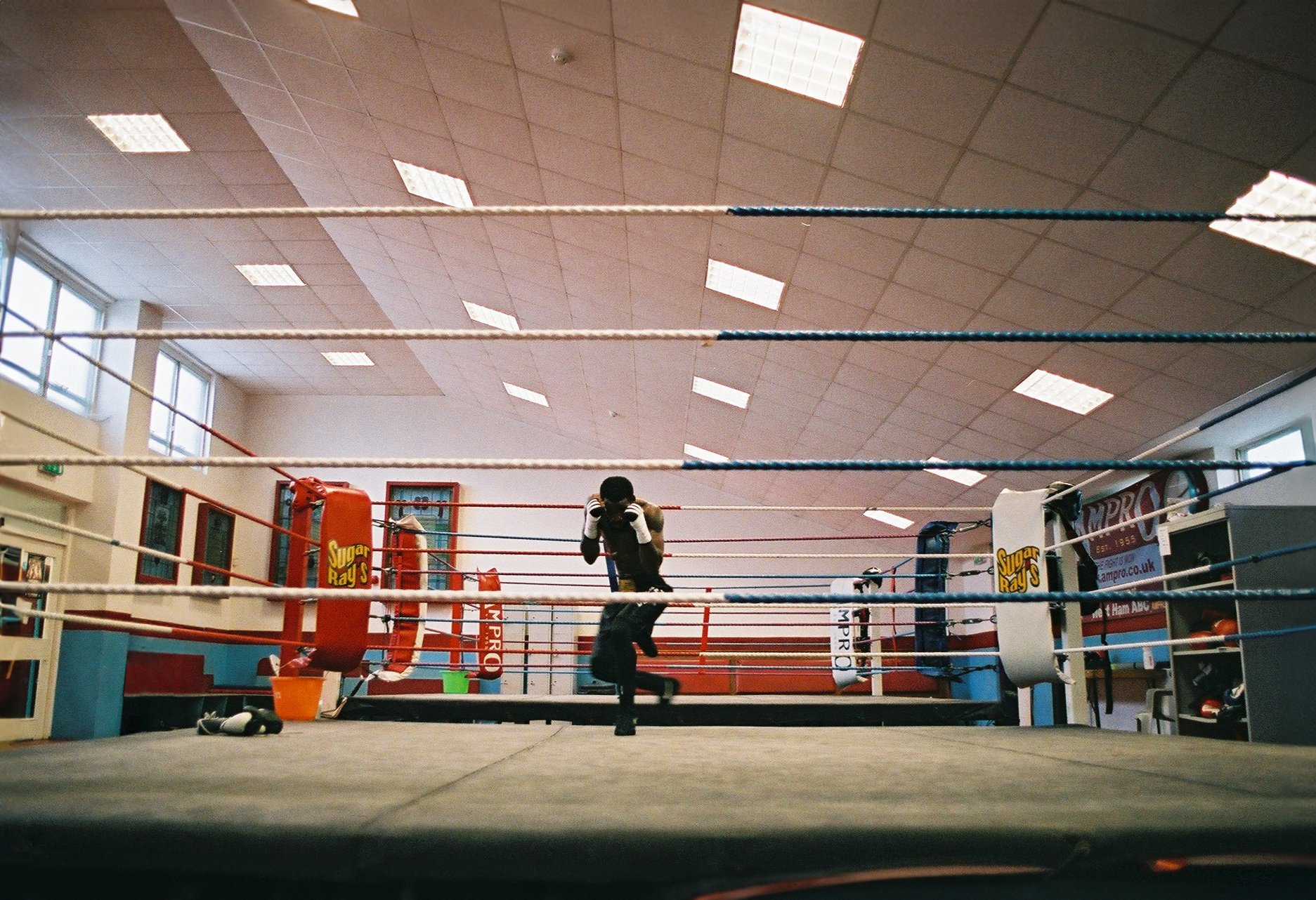 Inside a boxing gym, a boxer training in the ring with the ropes visible in the foreground. Windows and posters are on the walls, and various gym equipment is visible.