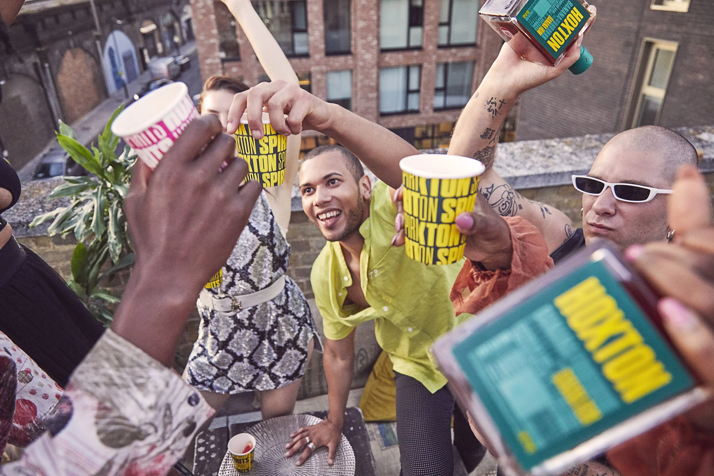 Group of diverse friends having a toast with ice cream cups and a box of NOLYON, celebrating on a rooftop. They are smiling and raising their cups in a cheerful outdoor setting.