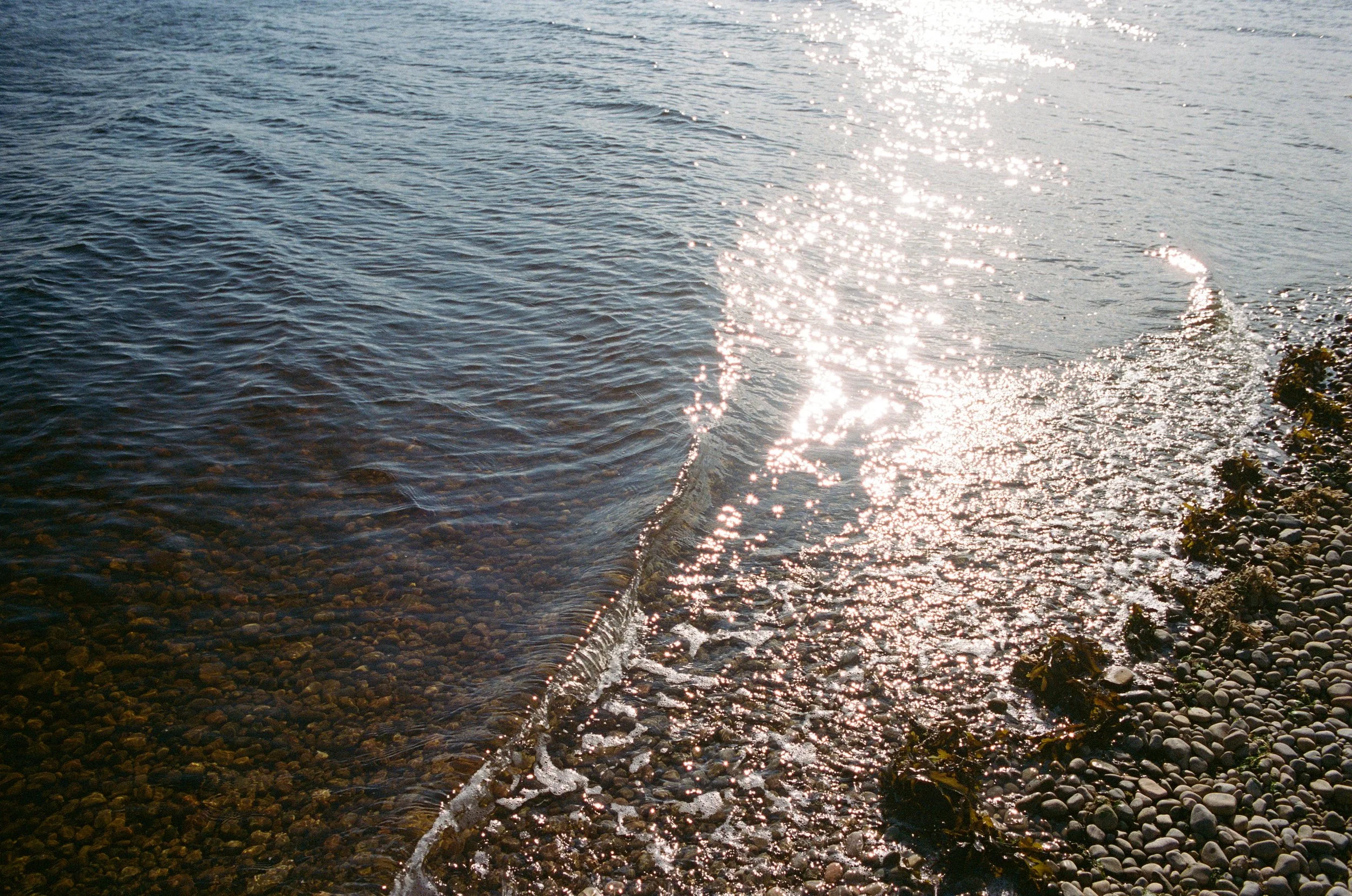 Sunny shoreline with small rocks and pebbles, gentle waves lapping at the shore, sunlight reflecting off the water's surface.