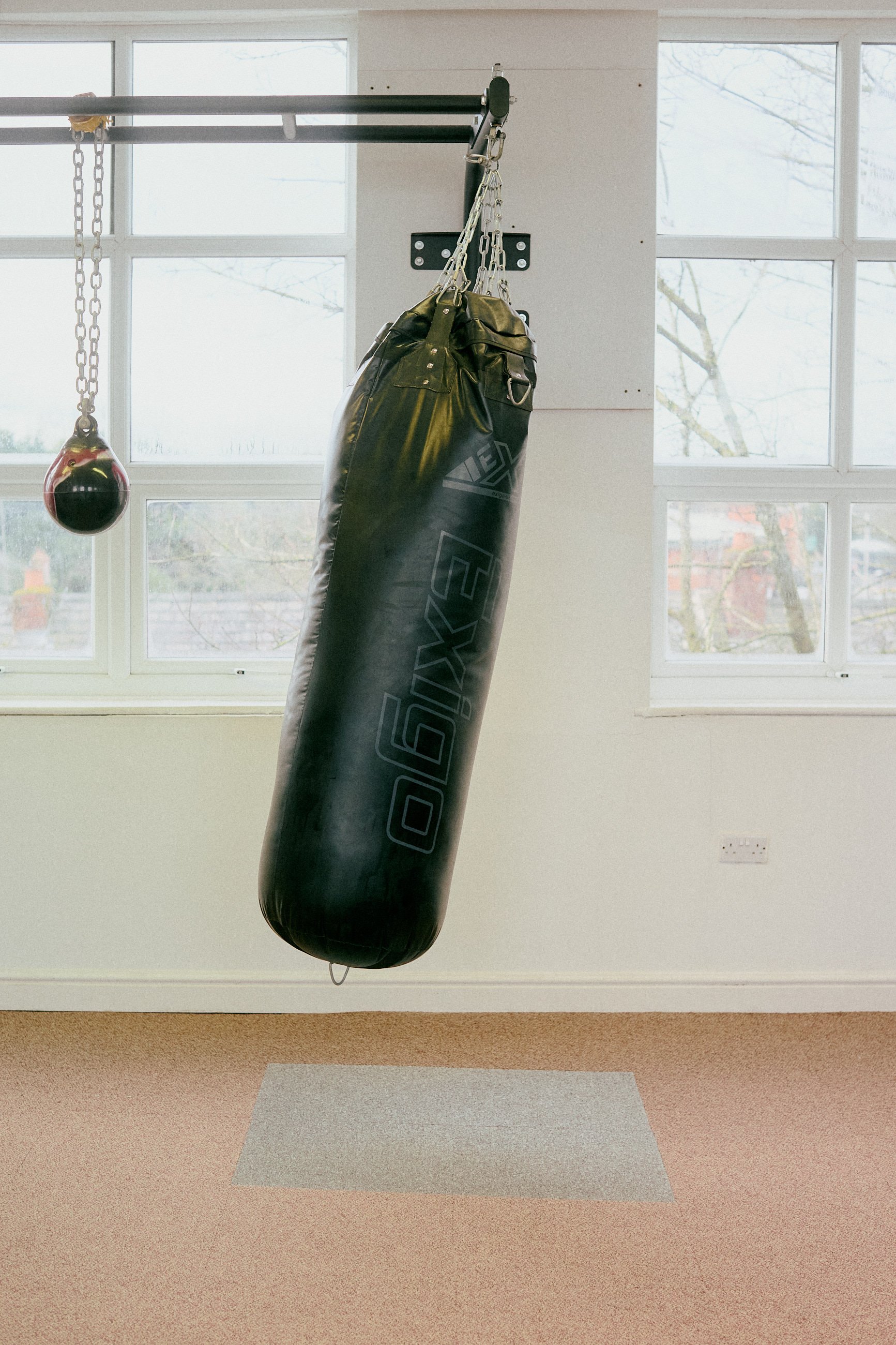 A boxing gym with a punching bag hanging from hooks on a black metal bar near windows, a speed bag, and a beige carpeted floor.