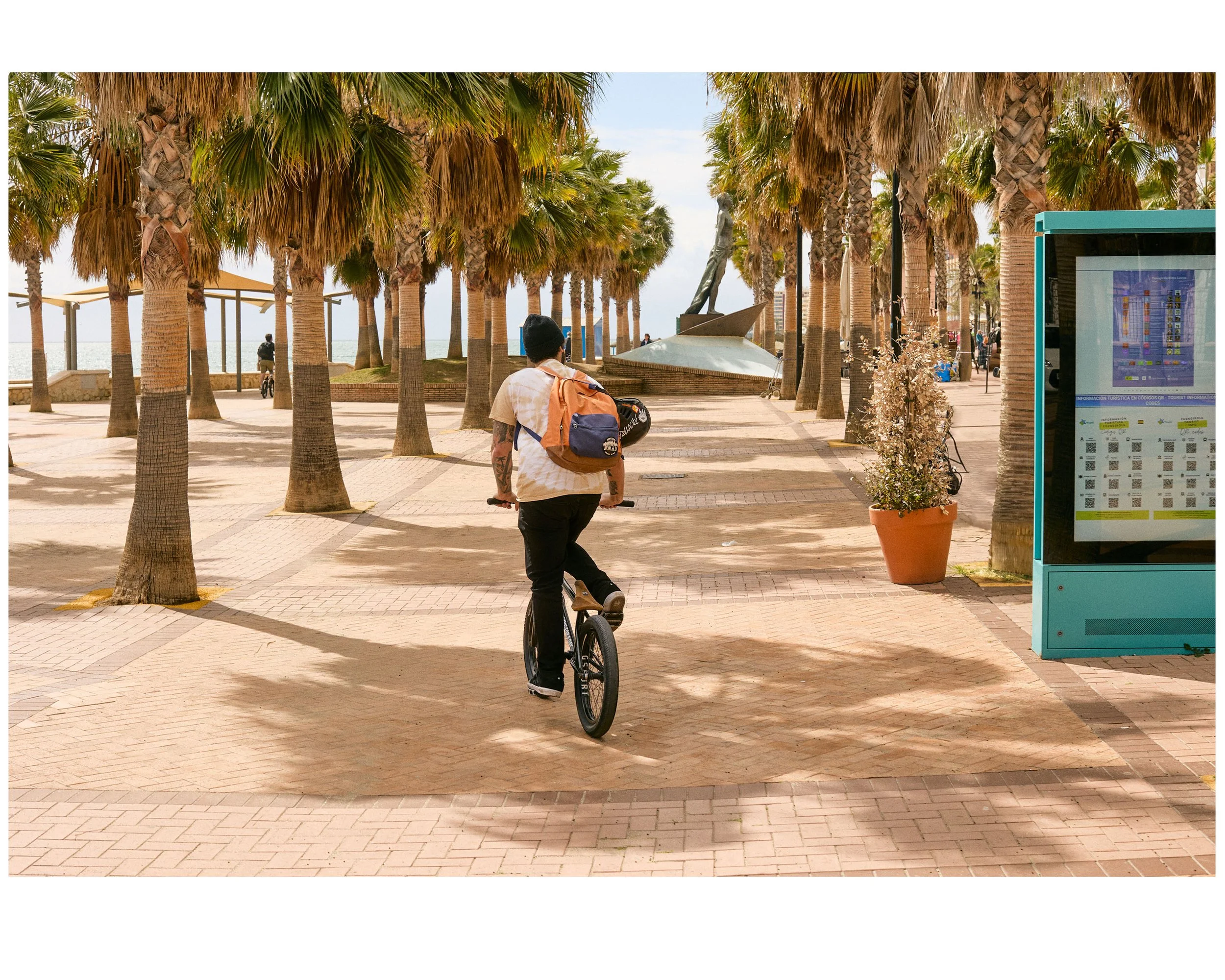 A person riding a bicycle along a palm tree-lined walkway near the beach, with trees casting shadows and a modern sculpture in the background.
