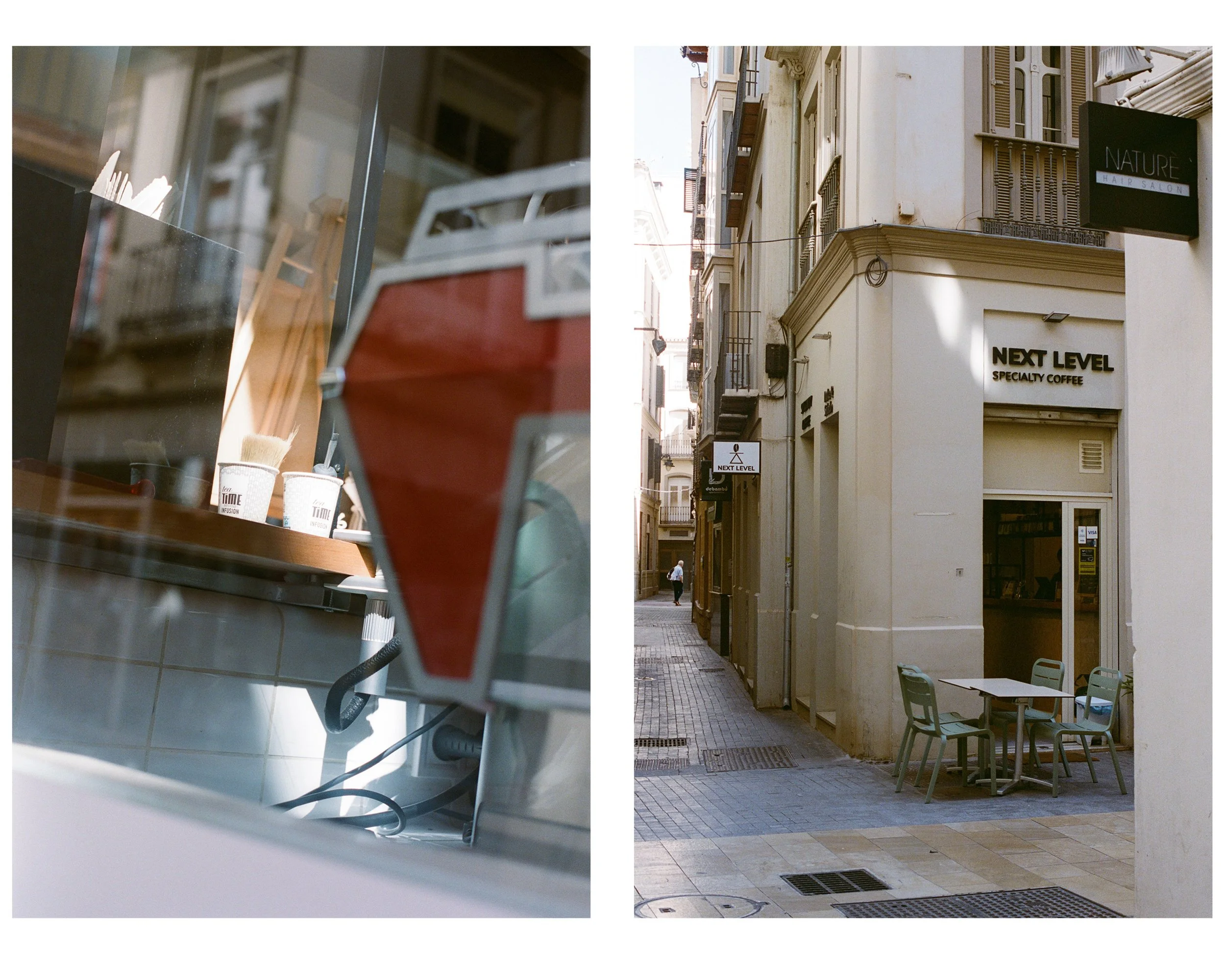 Two images side by side. The left image shows the interior of a coffee shop with cups on the counter and a reflection of buildings in the window. The right image shows a street corner with a sign for 'Next Level' coffee shop and outdoor seating with 