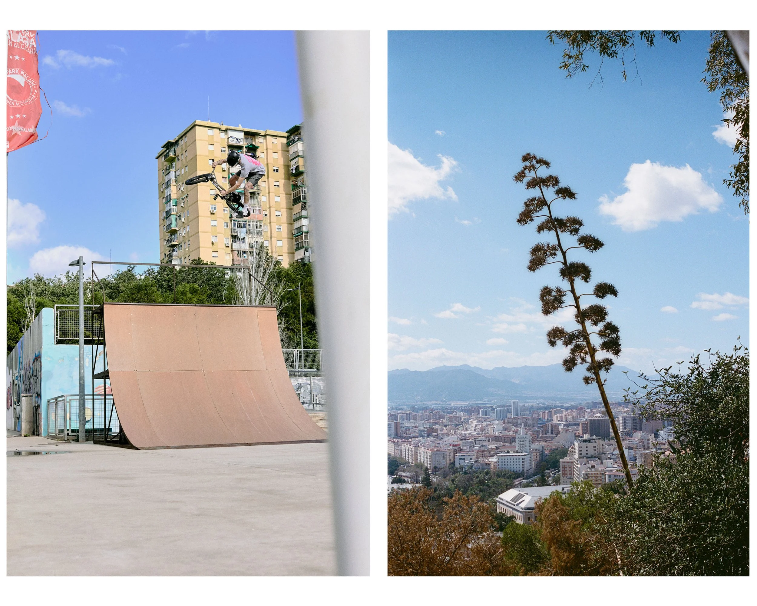 Left image shows a skateboarder performing a trick off a ramp at a skate park, with high-rise apartment buildings in the background. Right image displays a cityscape view with mountains in the distance, framed by trees, and a tall, uniquely shaped tr