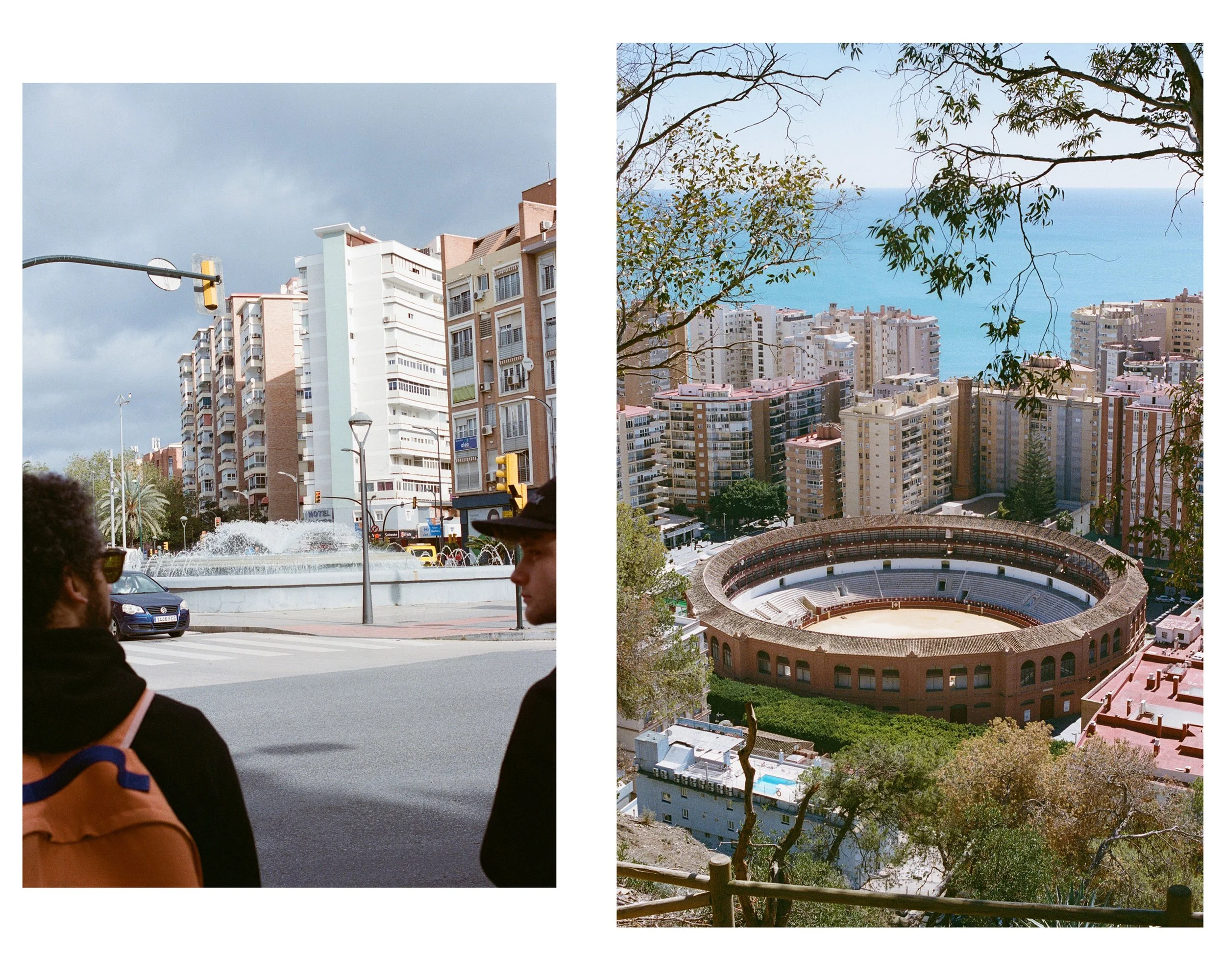 Side-by-side images of urban scenes. The left image shows two people waiting at a crosswalk on a city street with tall apartment buildings, cloudy sky, and a fountain in the background. The right image depicts an aerial view of a coastal city with hi