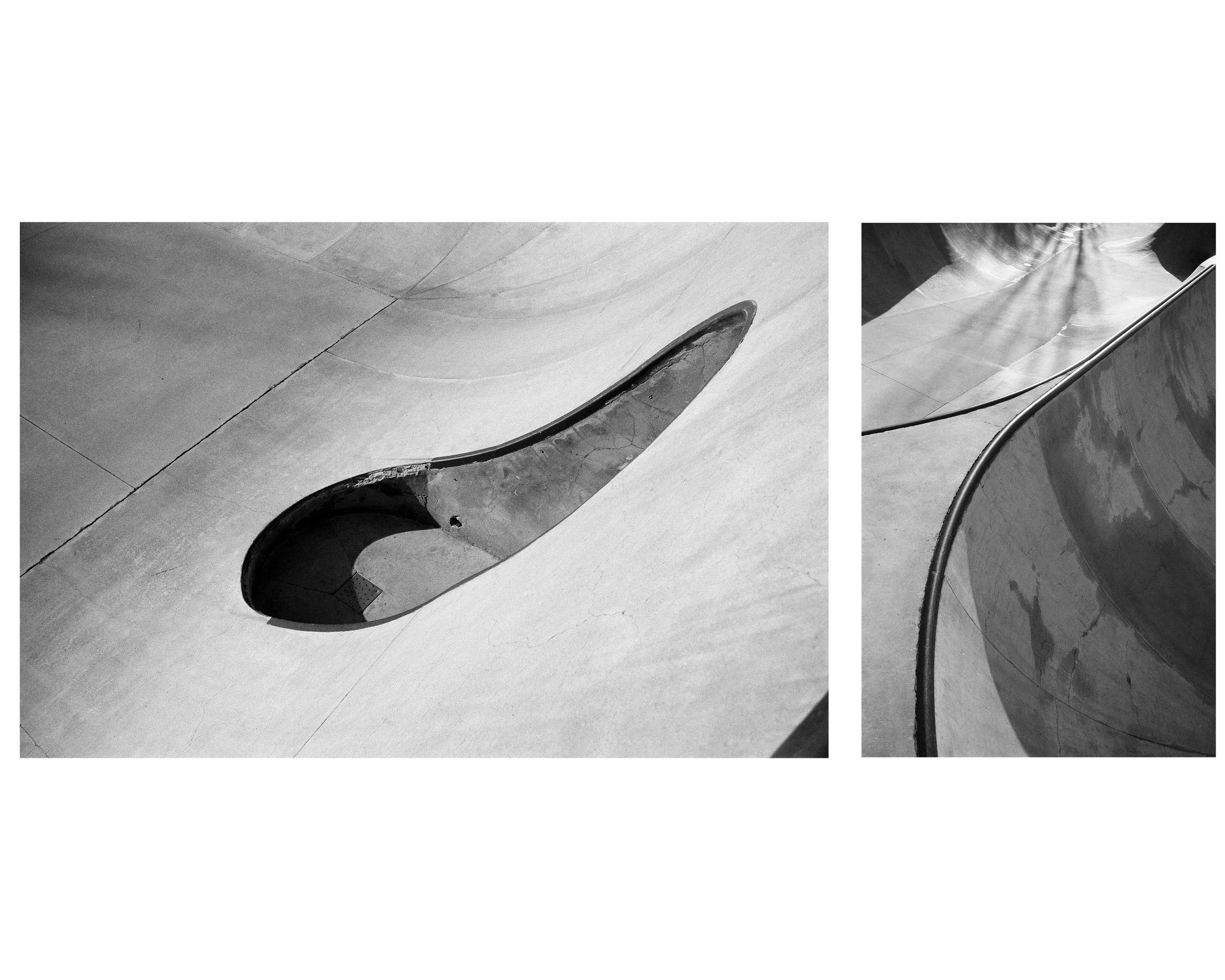 Black and white photos of a skatepark, showing smooth concrete ramps and bowls with curved edges and a metal coping.