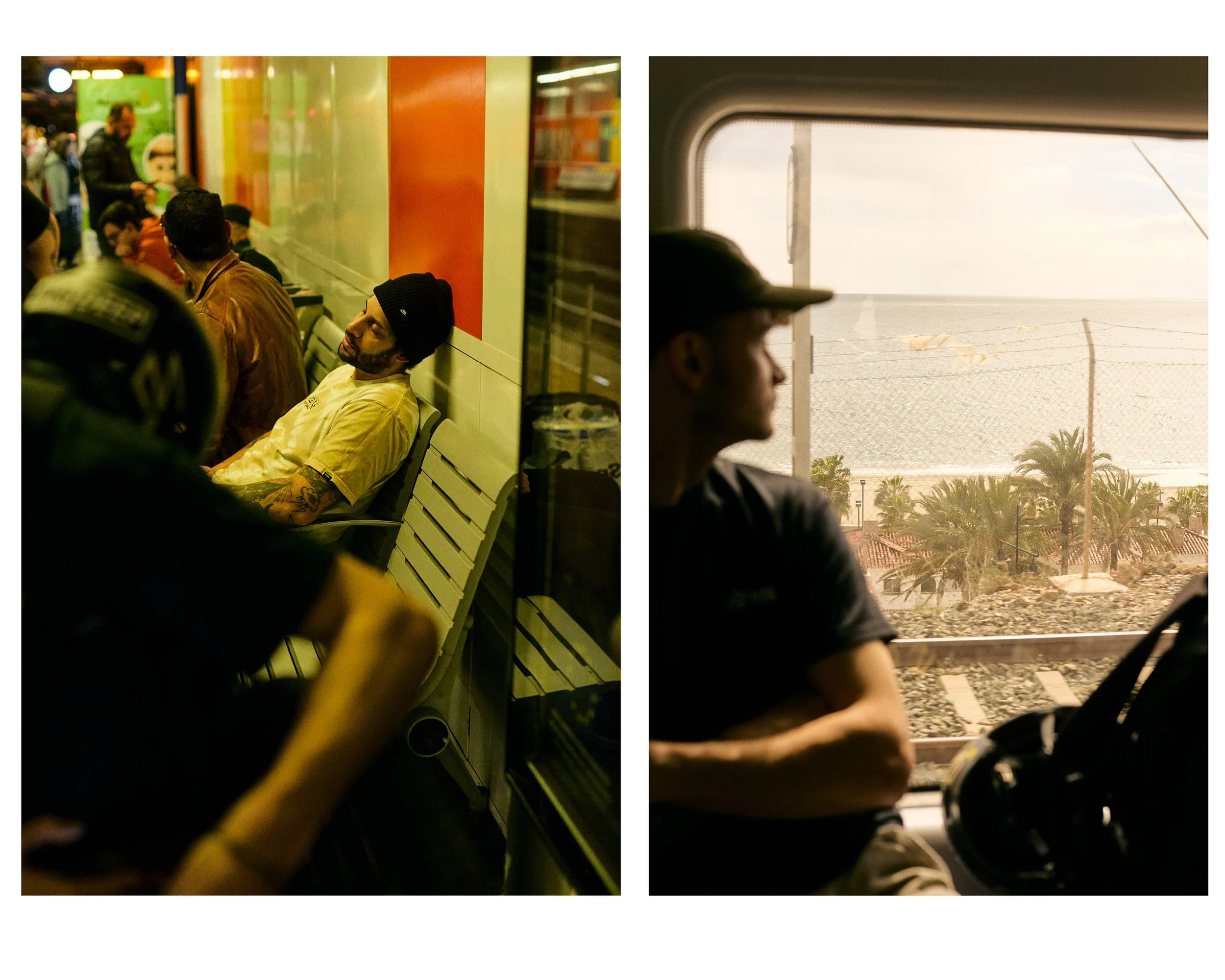Side-by-side photos of men sitting and resting in public transportation, with one inside an indoor waiting area and the other on a train near the coast.