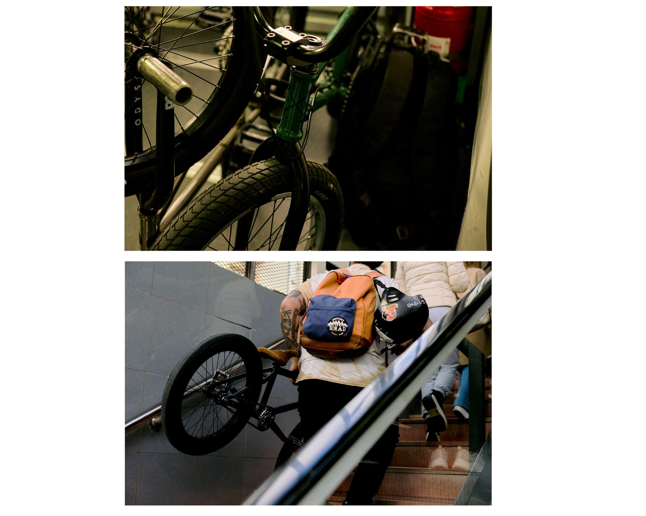 A collage of two bicycle images. The first image shows a close-up of a black bicycle with green accents and a front wheel, parked near a black backpack. The second image depicts a person with tattoos carrying a black bicycle while ascending stairs, a