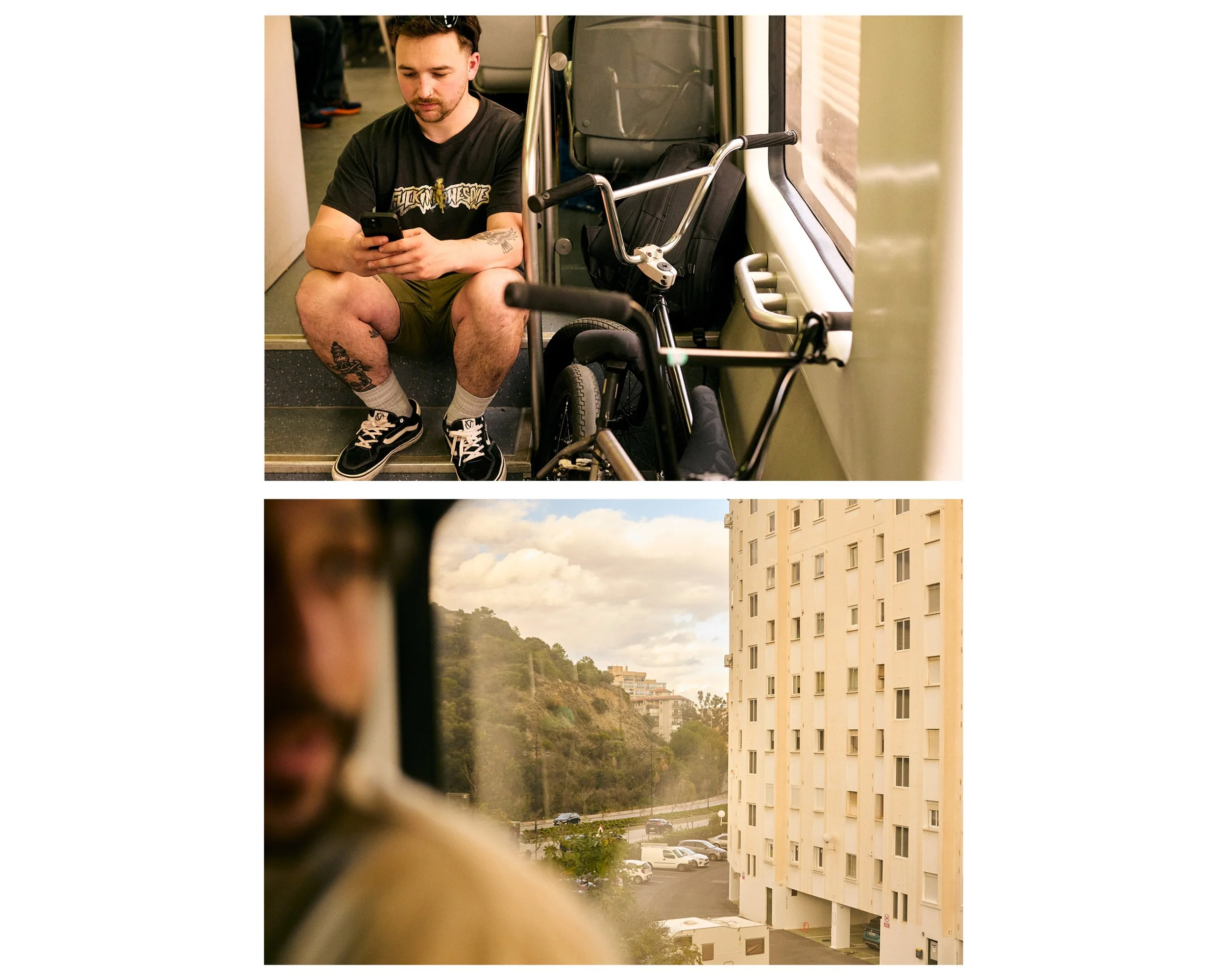 Top image: A man with short hair, tattoos, and casual clothing sitting on a bus, looking at his phone, with a wheelchair in front of him. Bottom image: View from a bus window showing a building, parked cars, and a green hillside in the distance under