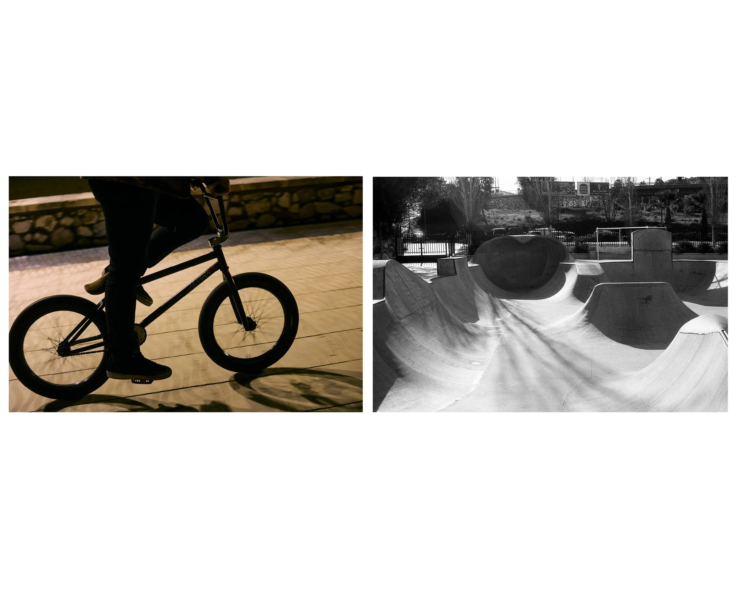 A split-screen image showing a silhouette of a person riding a bicycle at night on the left, and a black and white photo of a skate park with various ramps and bowls on the right.