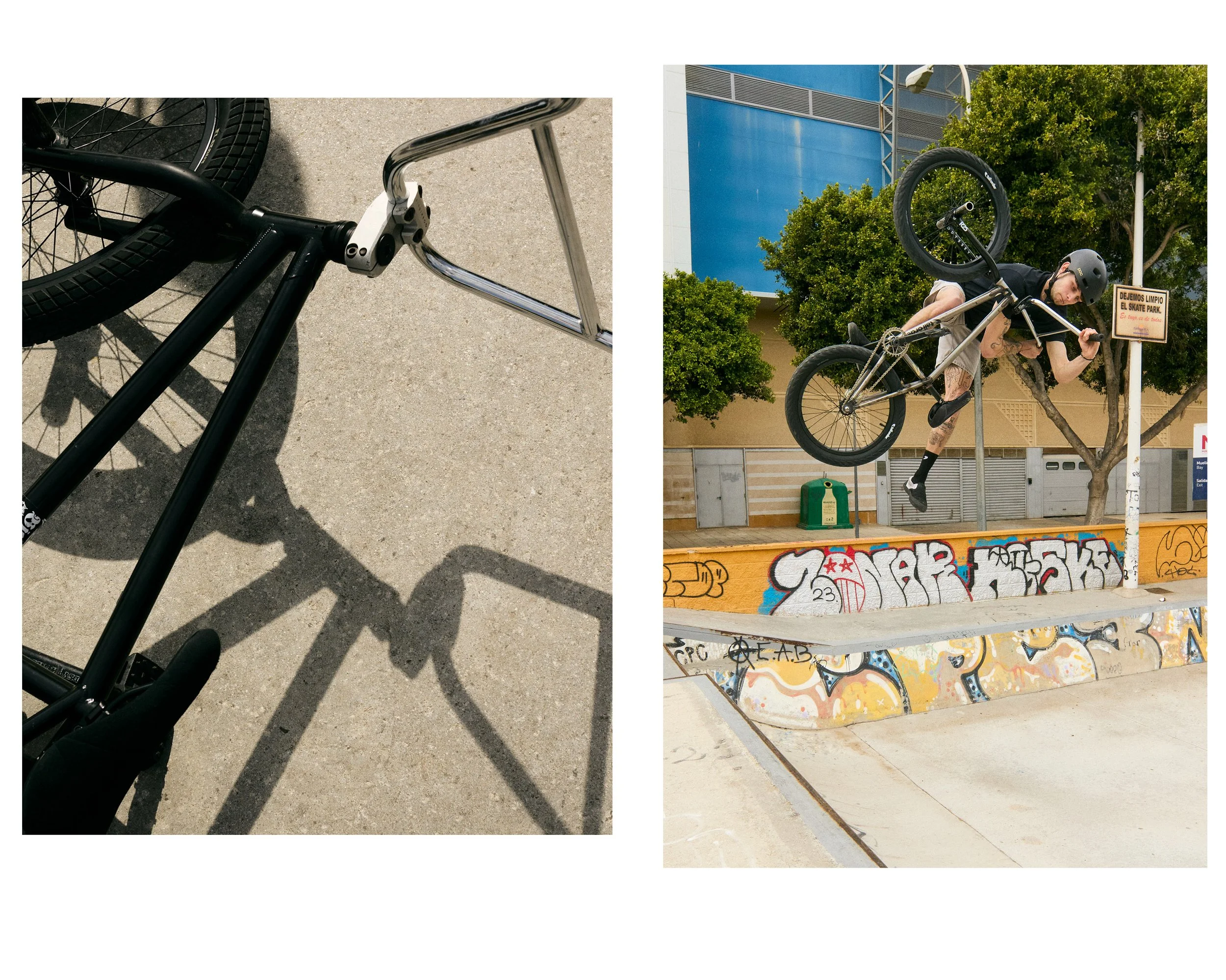 A split image with the left showing a close-up of a BMX bike's handlebar casting a shadow on the ground, and the right showing a person riding a BMX bike performing a trick at a skate park with graffiti on the ramp, trees, and a sign in Spanish.