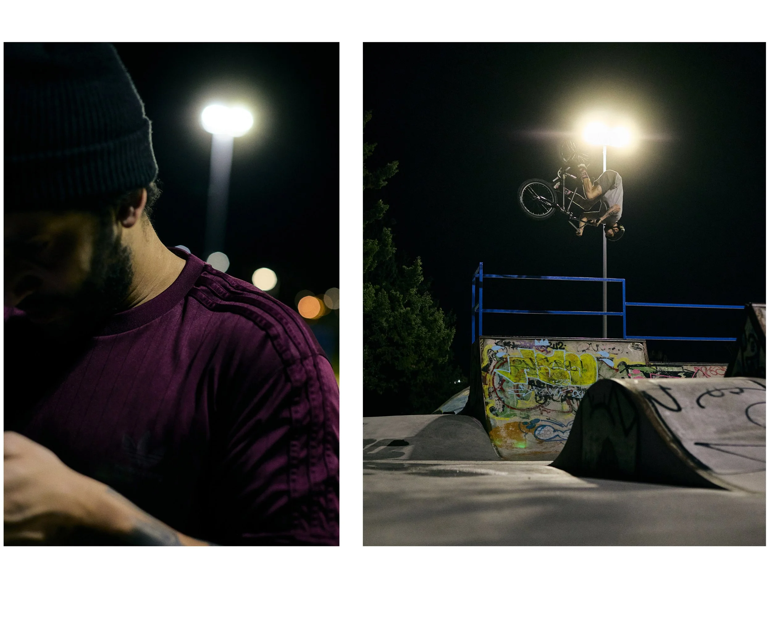 A split image showing a person in a beanie and a purple shirt on the left, and a BMX rider performing a trick in the air at night on the right, illuminated by a streetlamp.