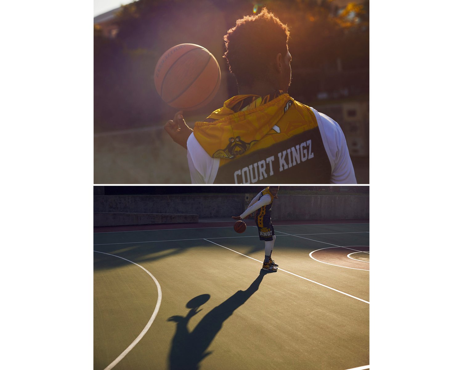 A young man playing basketball on an outdoor court during sunset, wearing a basketball jersey with 'Court Kingz' and a yellow hoodie draped over his shoulders, holding a basketball with accompanying shadows.