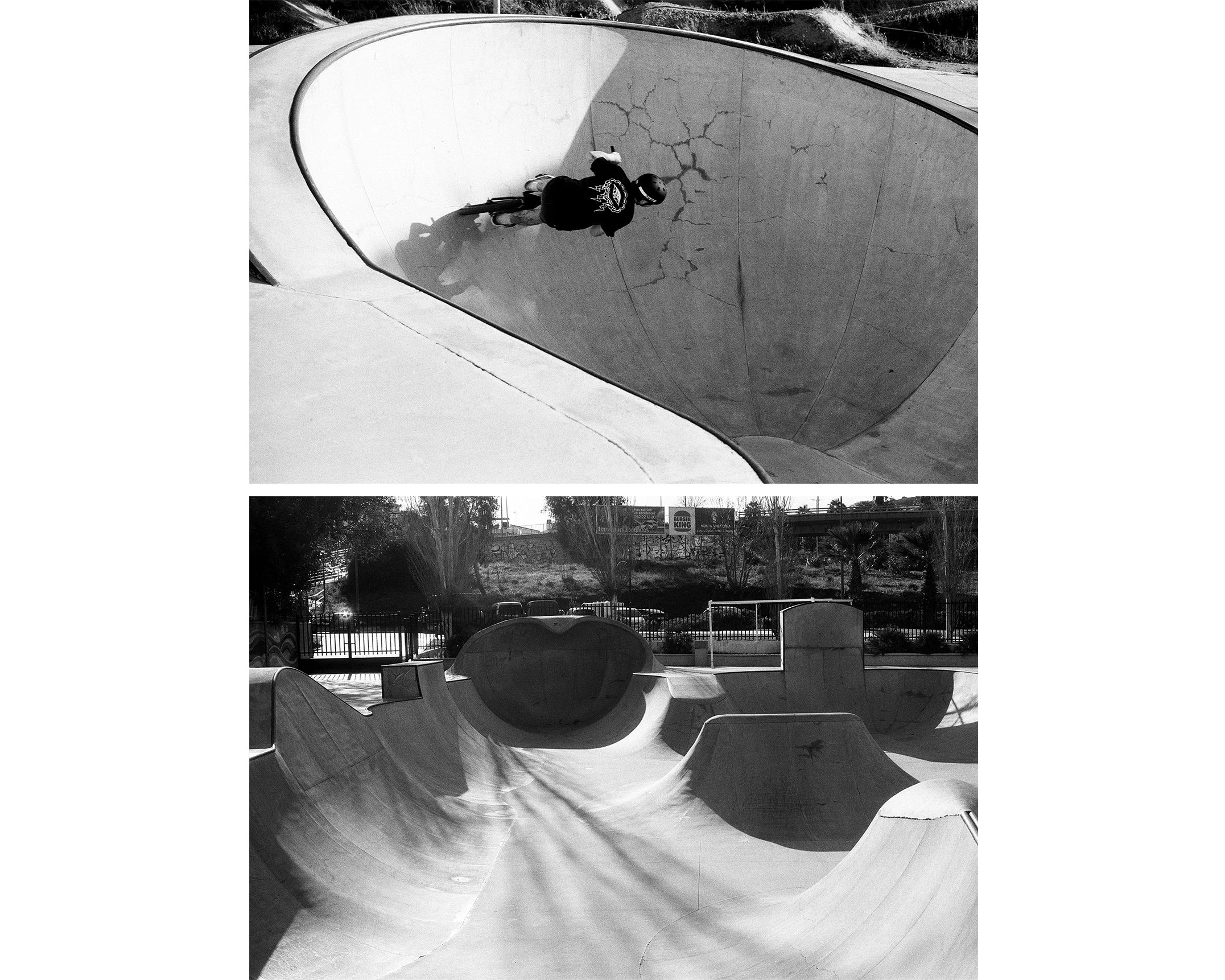 Two black and white photos of a empty skate park. The top photo shows a person riding a skateboard in a large, curved bowl with cracked concrete. The person is wearing a helmet and a sweatshirt with a logo. The bottom photo shows the entire skate par