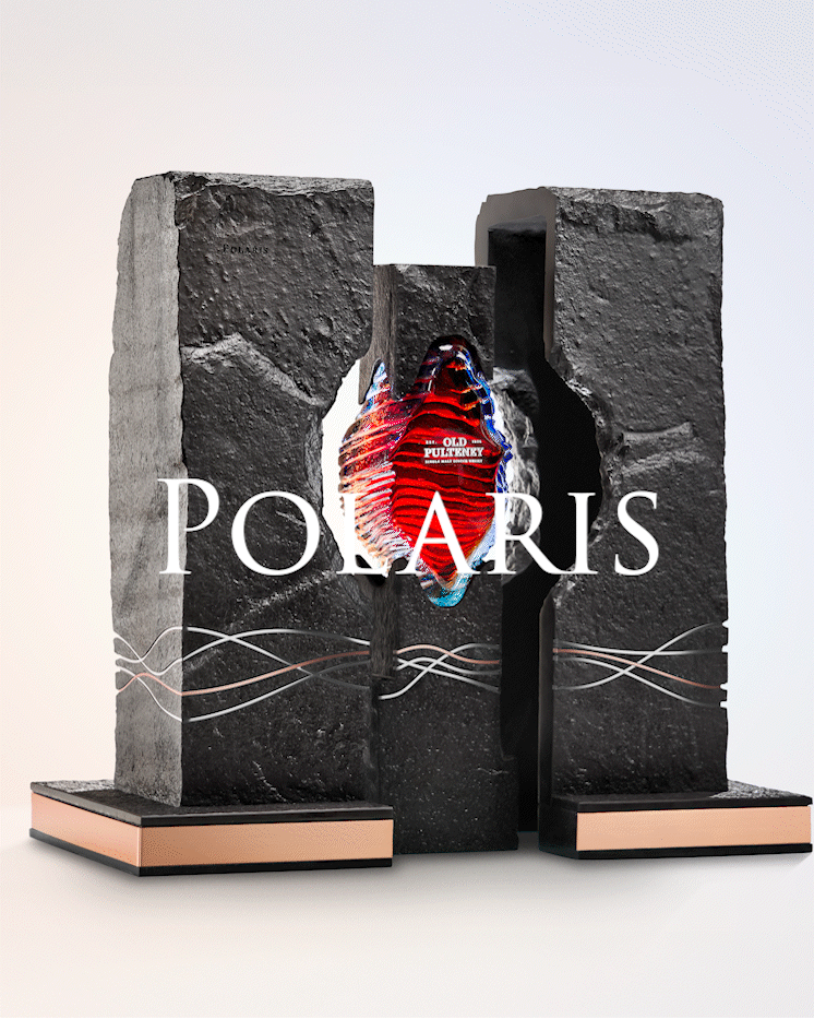 A black stone sculpture with a red and blue fish design in the center, accompanied by the text 'POLARIS' and a stylized wave pattern.