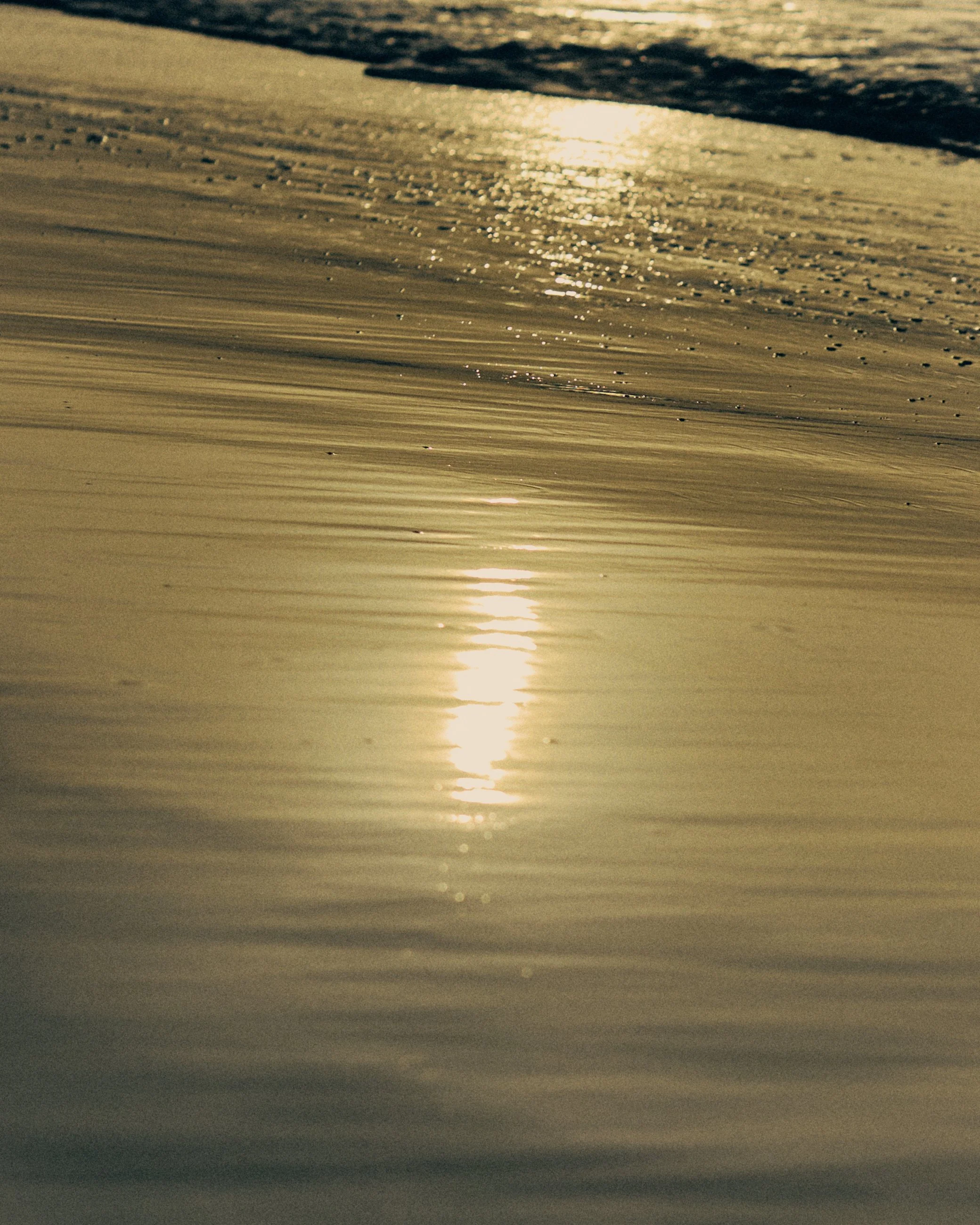 Sunset over the ocean with sunlight reflecting on wet sand at the beach.