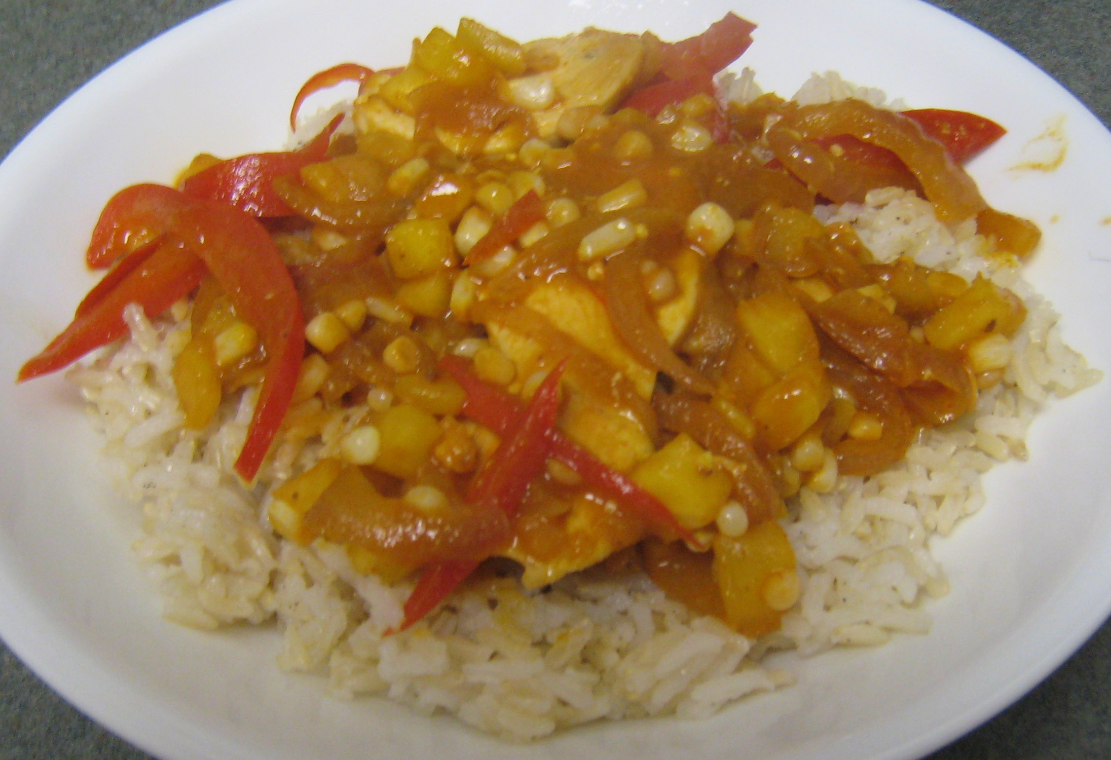 Chicken Stir-Fry with corn, pineapple, and red pepper