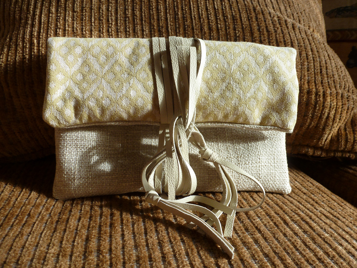 Green Print Tri-Fold Clutch with Leather Wrap-Around Fringe Ties