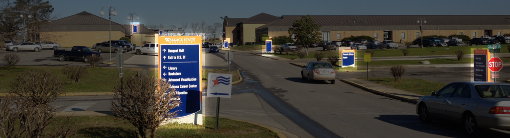 A portion of the campus with signs highlighted