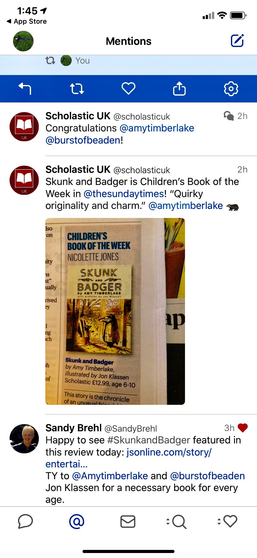 9/27/20 – The Sunday Times (London) names SKUNK AND BADGER "Children's Book of the Week!" YAY! 
