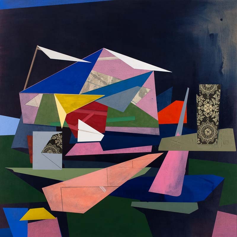 Lake House , acrylic and paper on linen, 44 x 44, 2012